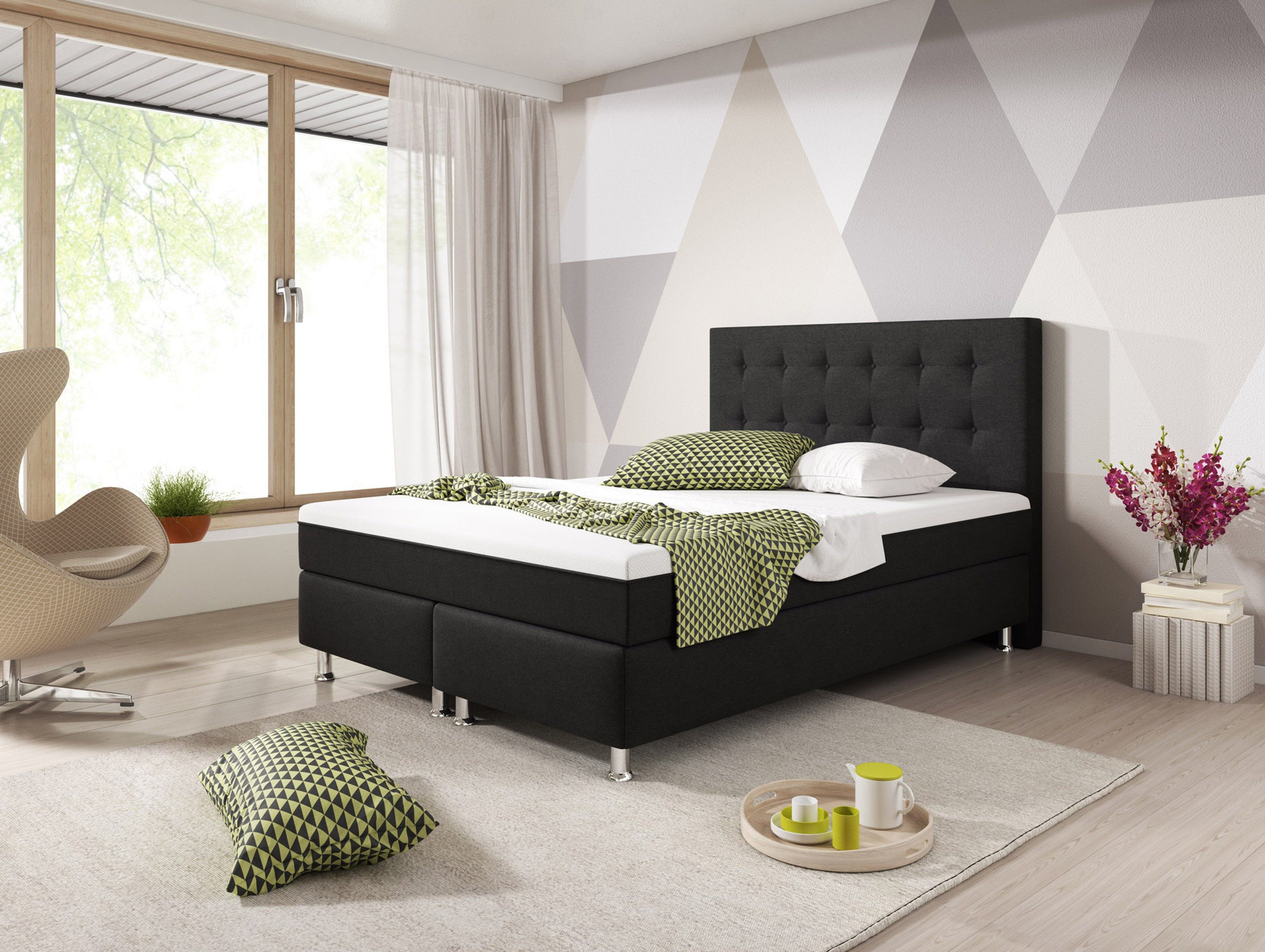 inter Boxspringbett Köln Plus 140x200 cm Webstoff (140x200 cm, Schwarz), inkl. Matratze mit Bezug in Topper-Optik