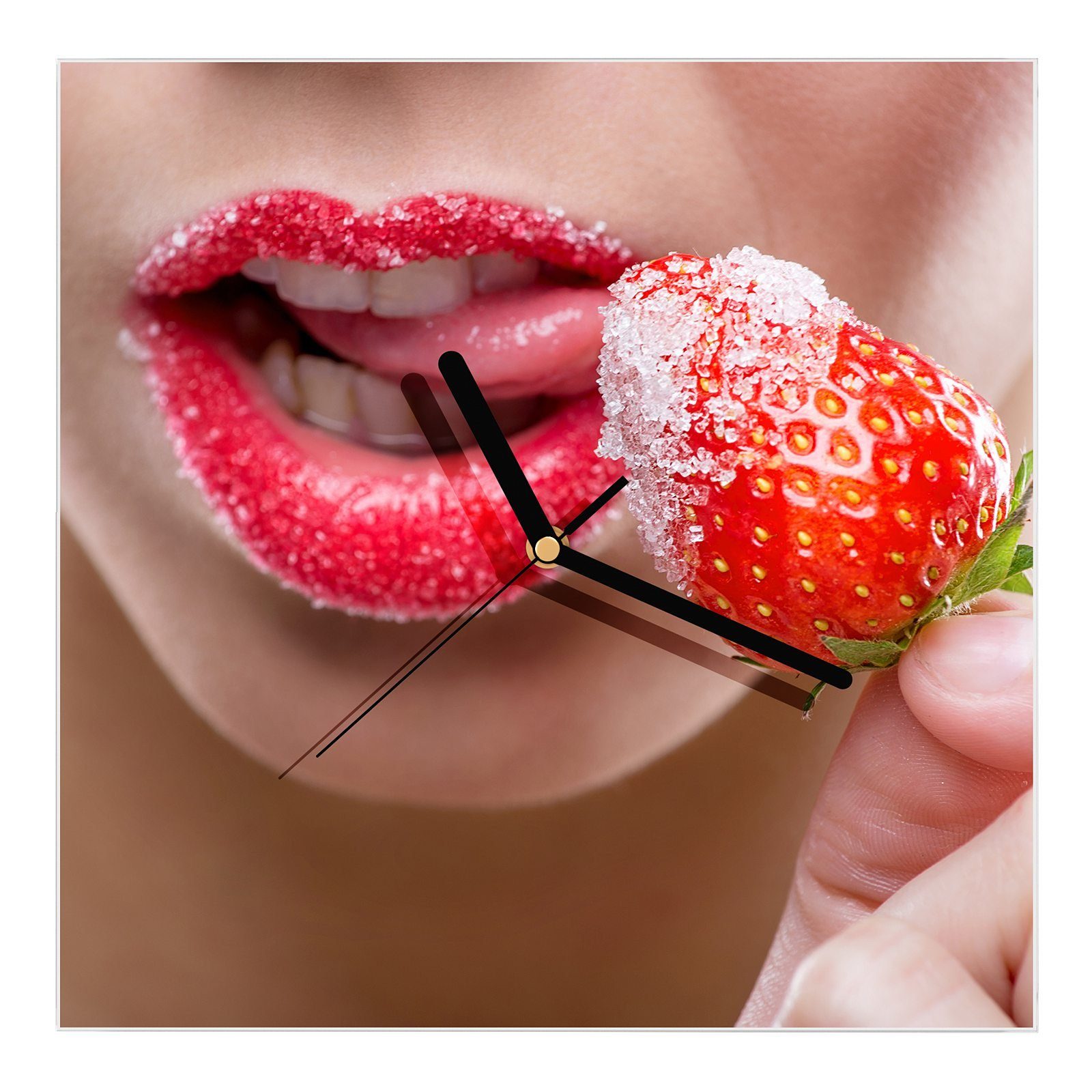 Glasuhr Lippen mit Erdbeere 30 cm Wanduhr Rote x und Größe Motiv Primedeco Wanduhr Wandkunst 30
