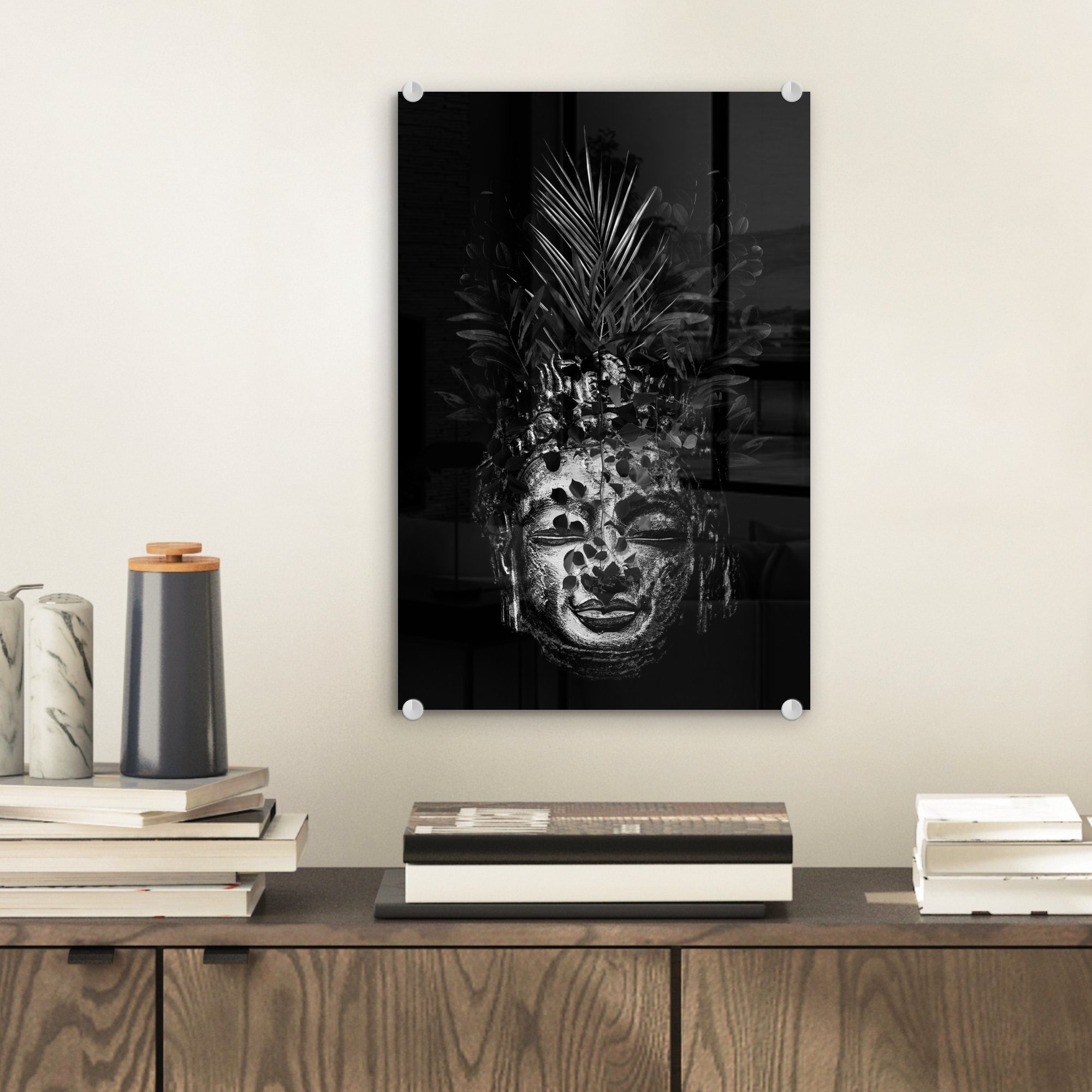 auf auf (1 Blättern Foto MuchoWow - Buddhas mit und Bilder - Glas Wanddekoration Glasbilder Acrylglasbild - eines Kopf Glas verziert St), bunt Wandbild - weiß, schwarz