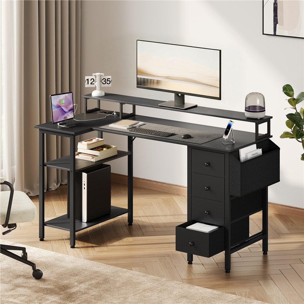 Yaheetech Schreibtisch L-förmiger Computertisch 120/140cm (B), mit Monitorhalterung & Steckdose & 4 Schubladen & Aufbewahrungstasche