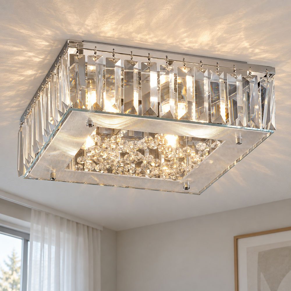 JUST LIGHT LED Deckenleuchte, LED-Leuchtmittel fest verbaut, Warmweiß, Deckenlampe Deckenleuchte Kristalllampe Glas klar Chrom LED