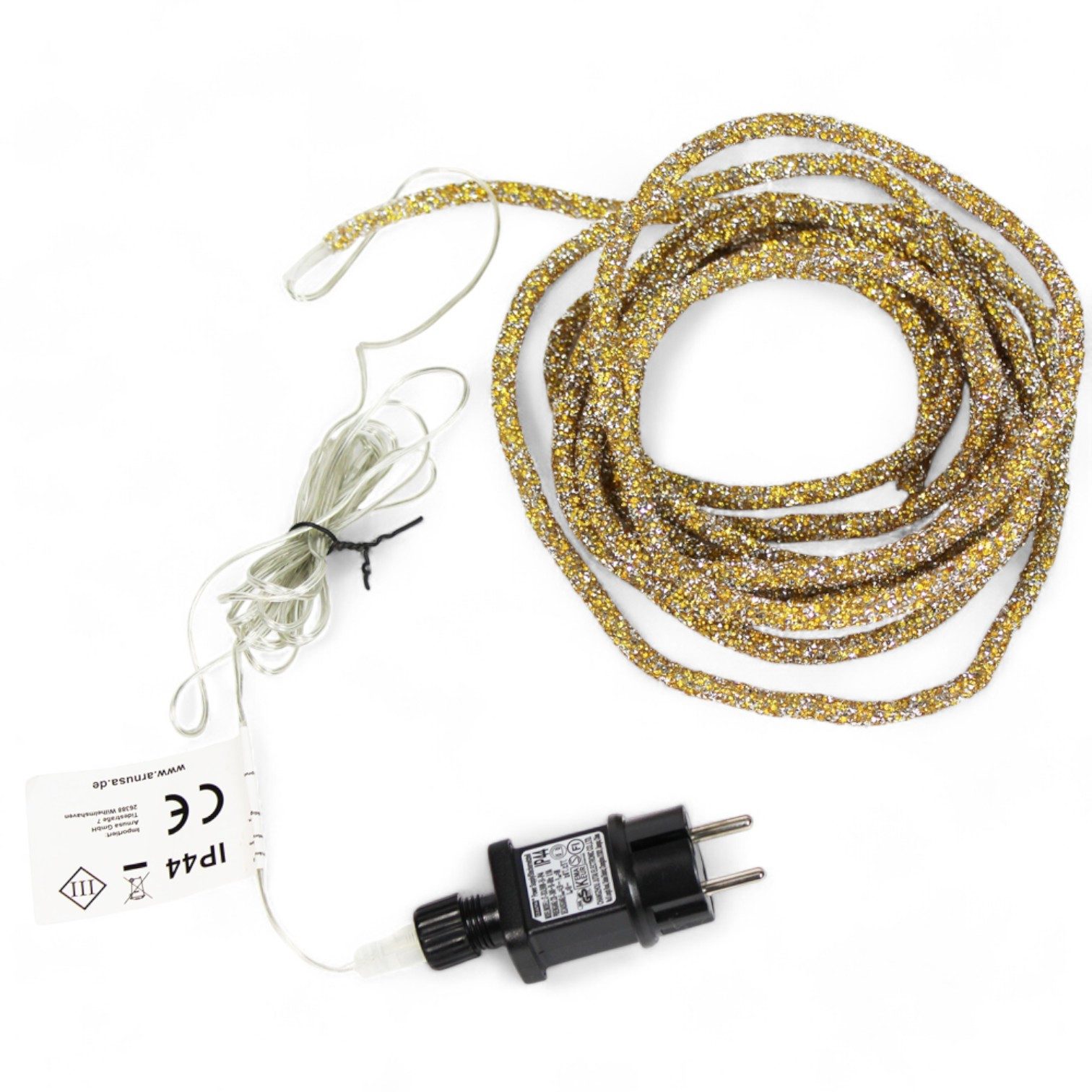 Arnusa LED-Lichterschlauch Leuchtschlauch Glitzer Gold 5 Meter warmweiß, 100-flammig