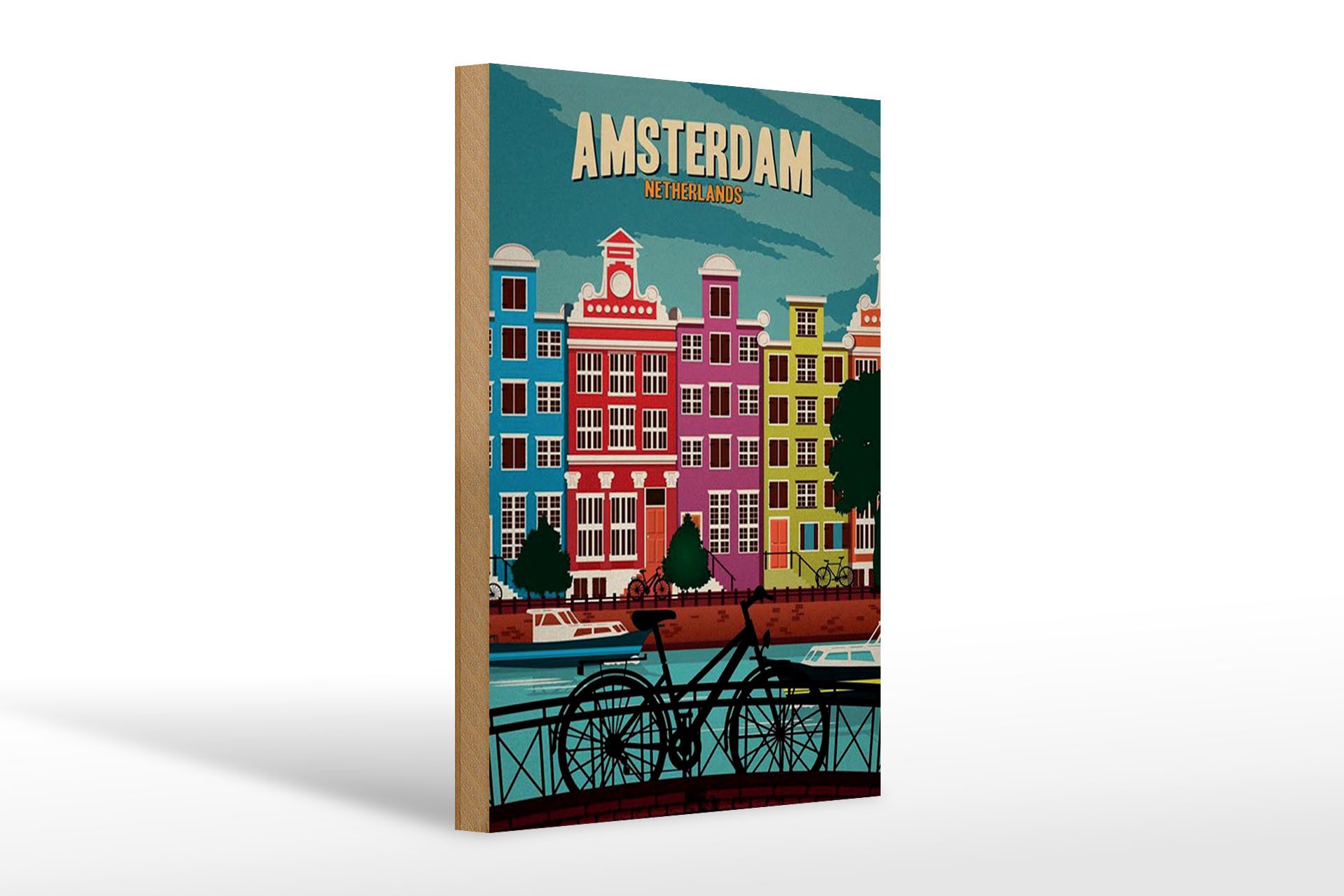 Femer GmbH Holzbild Reise 20x30 cm Amsterdam Niederlande Fahrräder Wasser, (1 St), Glatte Holzfaserplatte (MDF), vorn beschichtet
