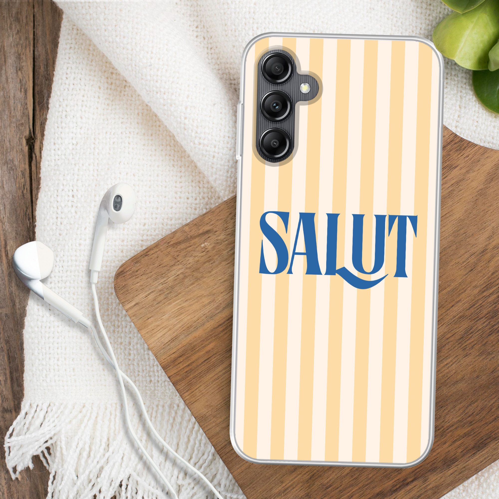 MuchoWow Handyhülle für Samsung Galaxy A14 5G Salut - Zitat - Streifen - Gelb - Blau - Wei, Smartphone-Bumper, Print, Handy Schutzhülle Dünn