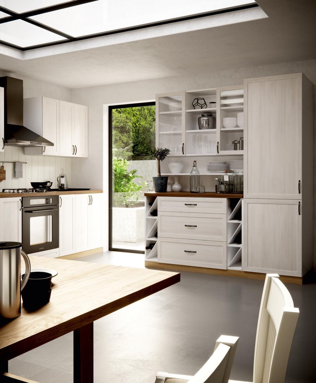 Küchenzeile Moderne Küchenzeile mit Hochschrank und Regal in Holzoptik
