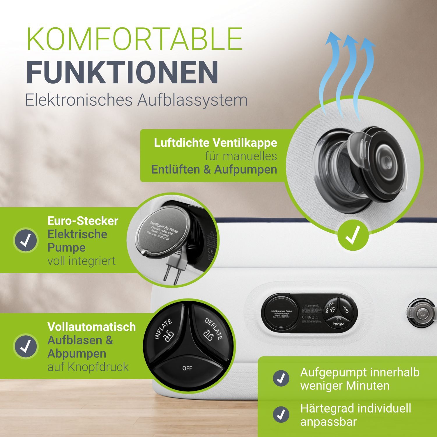 Juskys Luftmatratze Sapri L, Doppel-Luftbett, selbstaufblasend, wasserdicht, inkl. Pumpe, Tasche