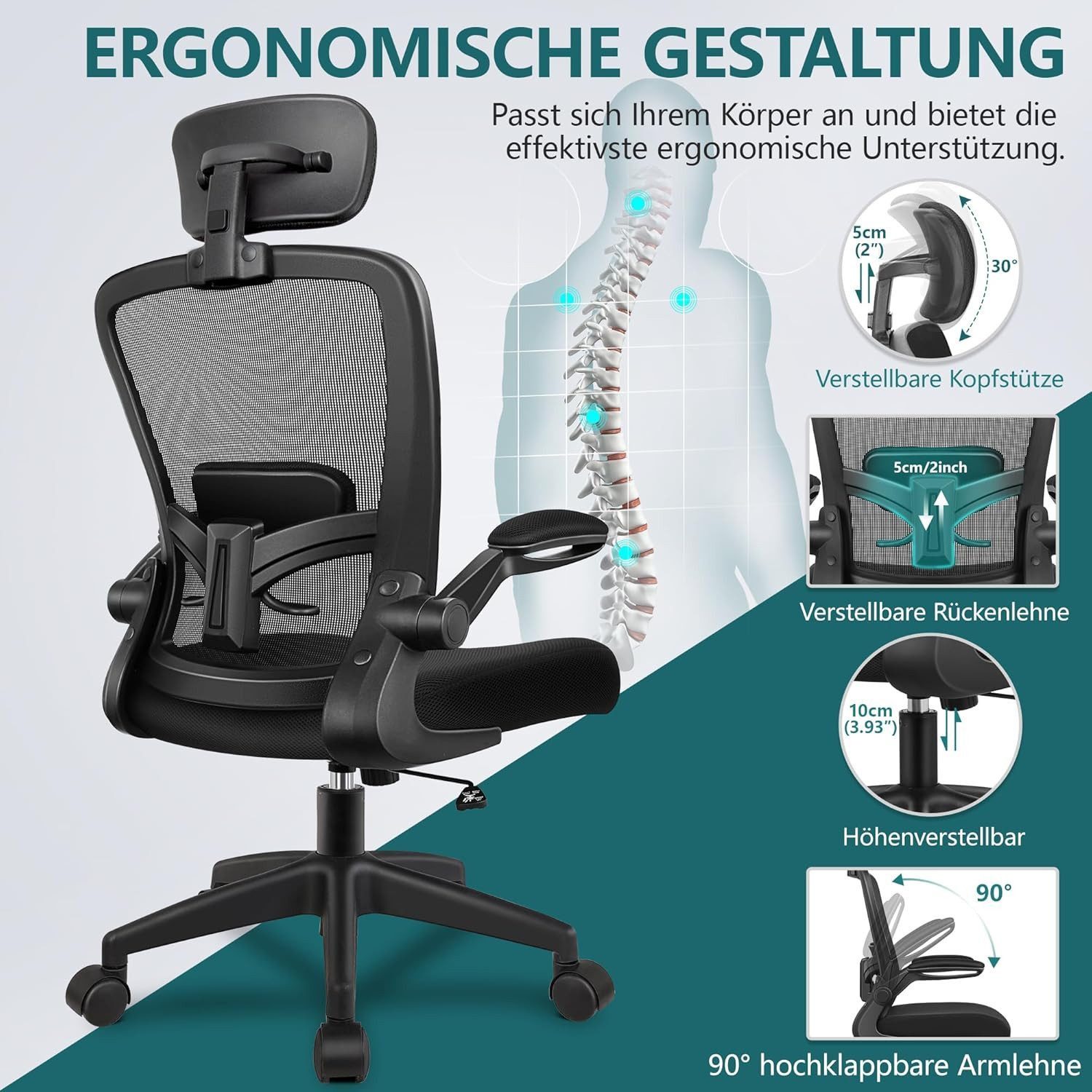 Vivitar Bürostuhl mit hoher Rückenlehne, verstellbarer Kopfstütze, Lendenwirbelstütze (10–15-Grad-Neigungsfunktion, flexibler Rückenlehne, stabiler Schreibtisch – Bild 3 von 5