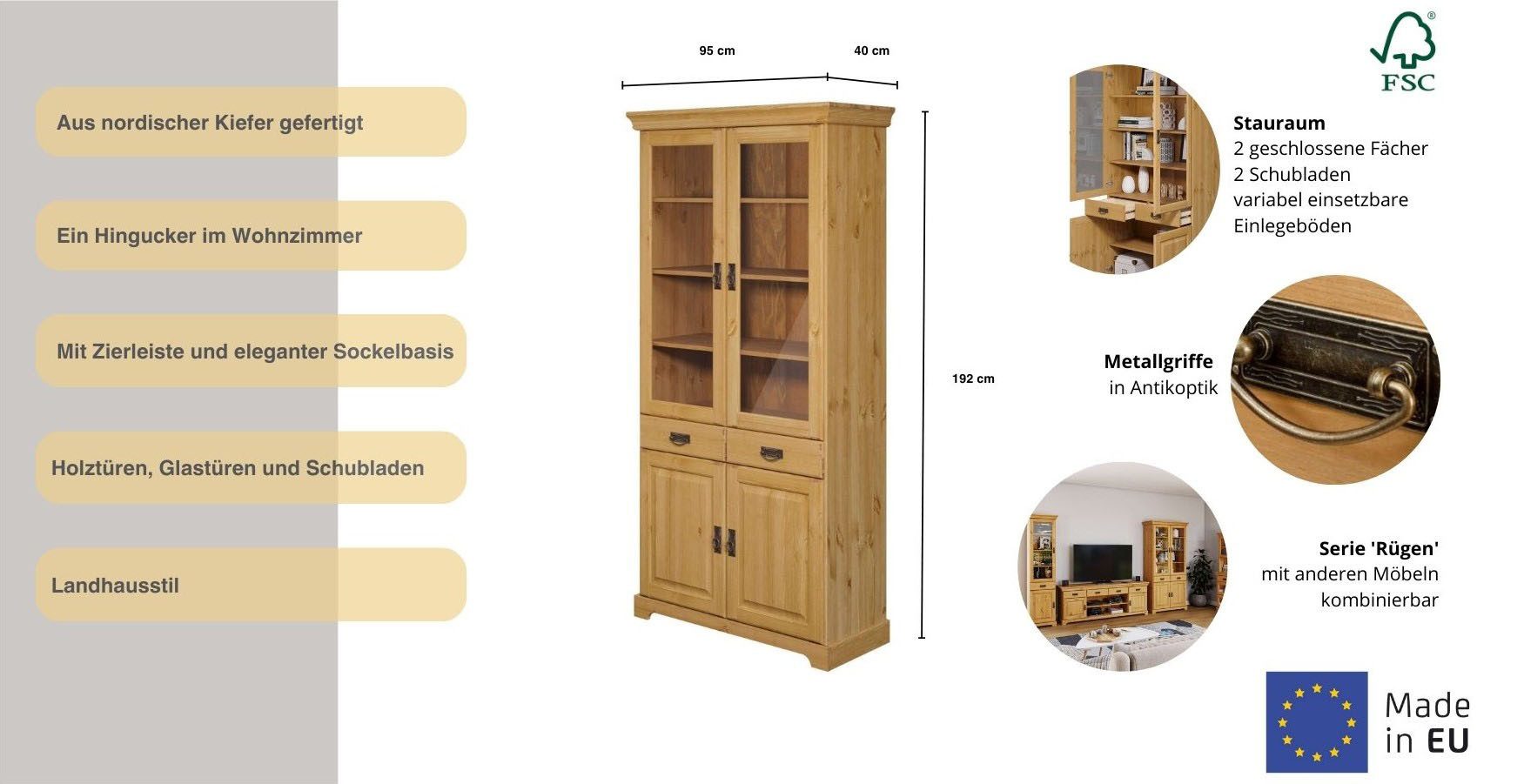 OTTO home Vitrine Rügen zertifiziertes Massivholz, Höhe 192 cm, im Landhausstil