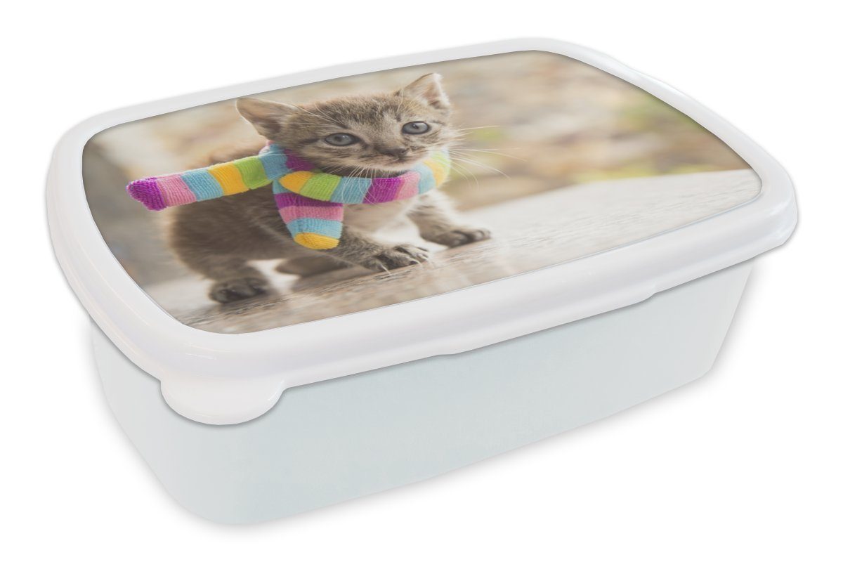 MuchoWow Lunchbox Kätzchen - Halstuch - Farben - Mädchen - Kinder - Kinder - Kind, Kunststoff, (2-tlg), Brotbox für Kinder und Erwachsene, Brotdose, für Jungs und Mädchen weiß