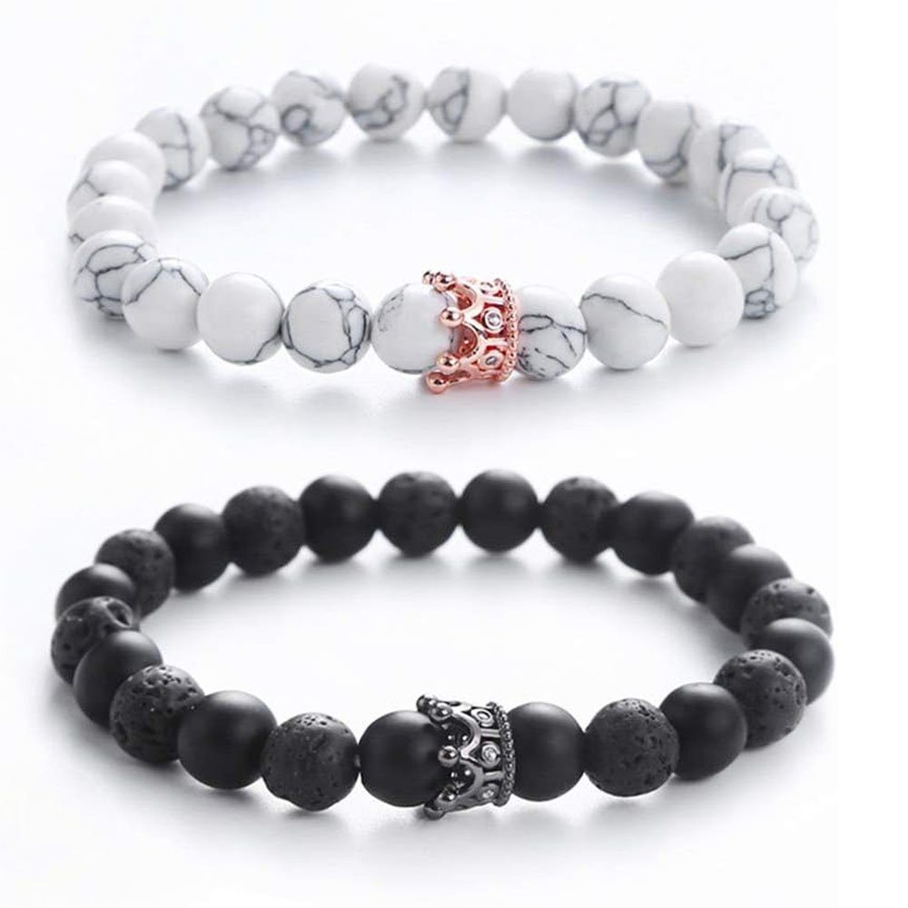 Haiaveng Bead-Armband-Set Paare Armband Naturstein Perlen Armbänder, 2 Stück, mit König und Königin Krone 8 mm,für Liebhaber Paar Partner Geschenke
