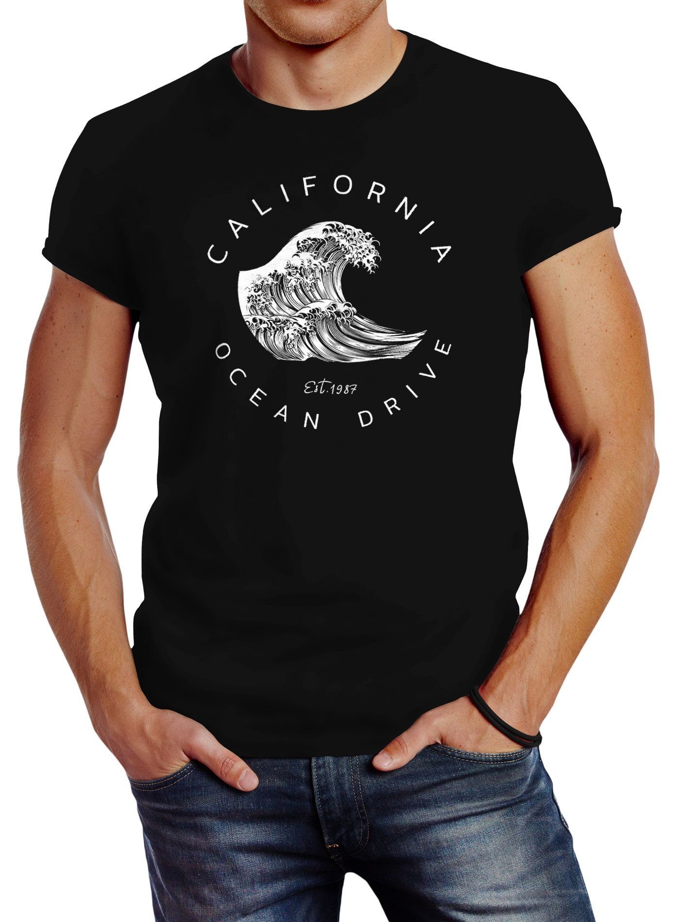 Neverless Wave schwarz Drive Surf Slim Neverless® Summer T-Shirt Herren mit California Fit Print Ocean Print-Shirt Welle