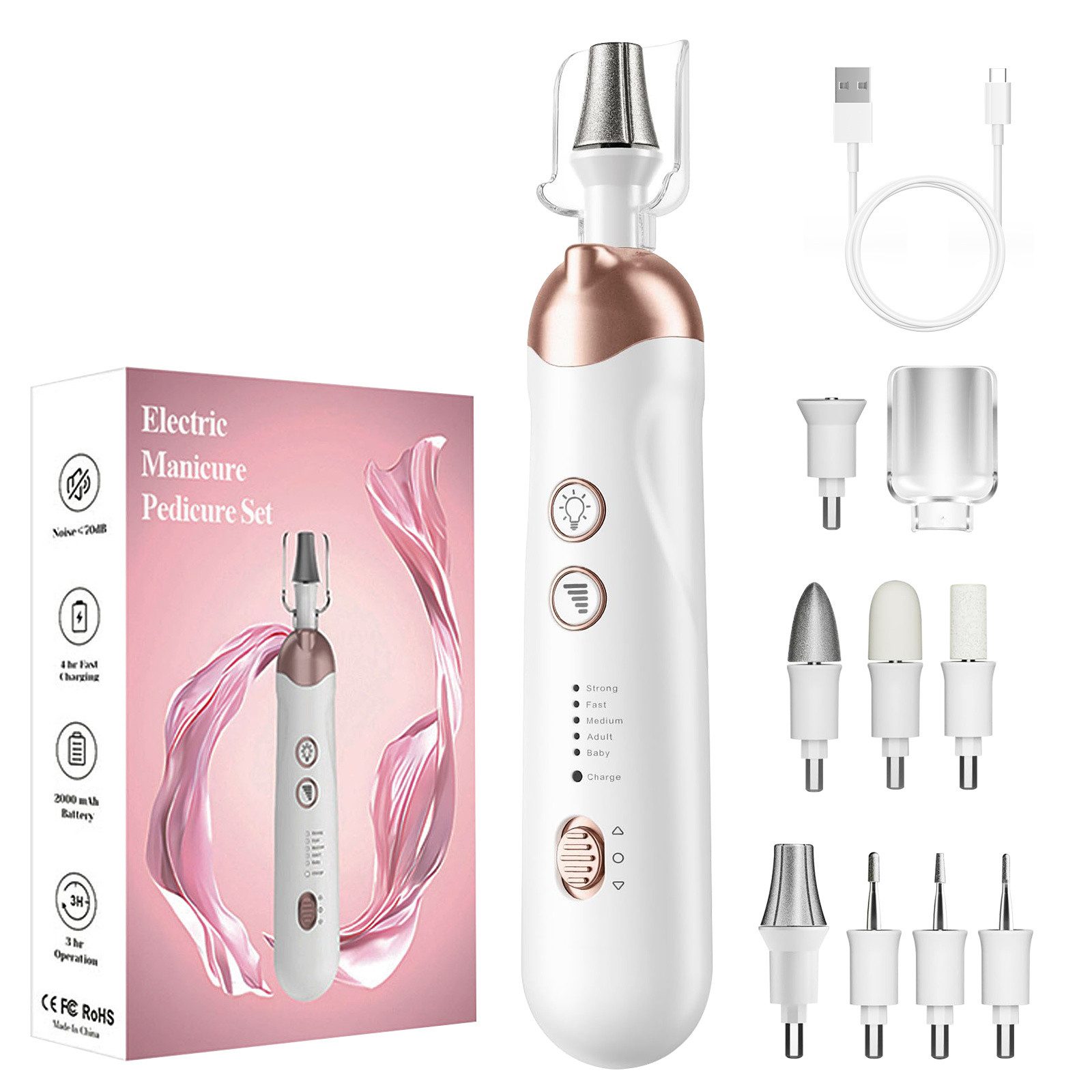 CkeyiN Maniküre-Pediküre-Set Akku-Nagelfeile mit 8 Aufsätze zur Nagelpflege 5 Geschwindigkeiten, 8-tlg., Nagelfräser für Gelnägel mit Schutzkappe und LED Licht