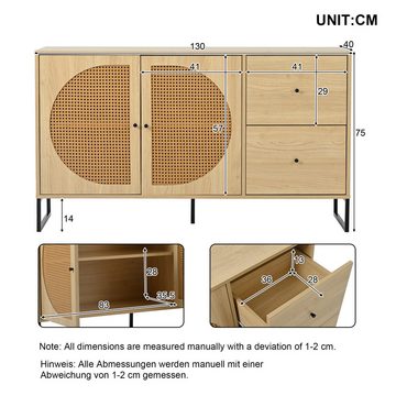 IDEASY Schubkastenkommode Rattan-Sideboard, Kommode, Küchenschrank, (Mehrzweckschrank mit 2 Türen und 2 Schubladen, mit Metallgriffen), verstellbare Einlegeböden,geeignet für Schlafzimmer, Wohnzimmer