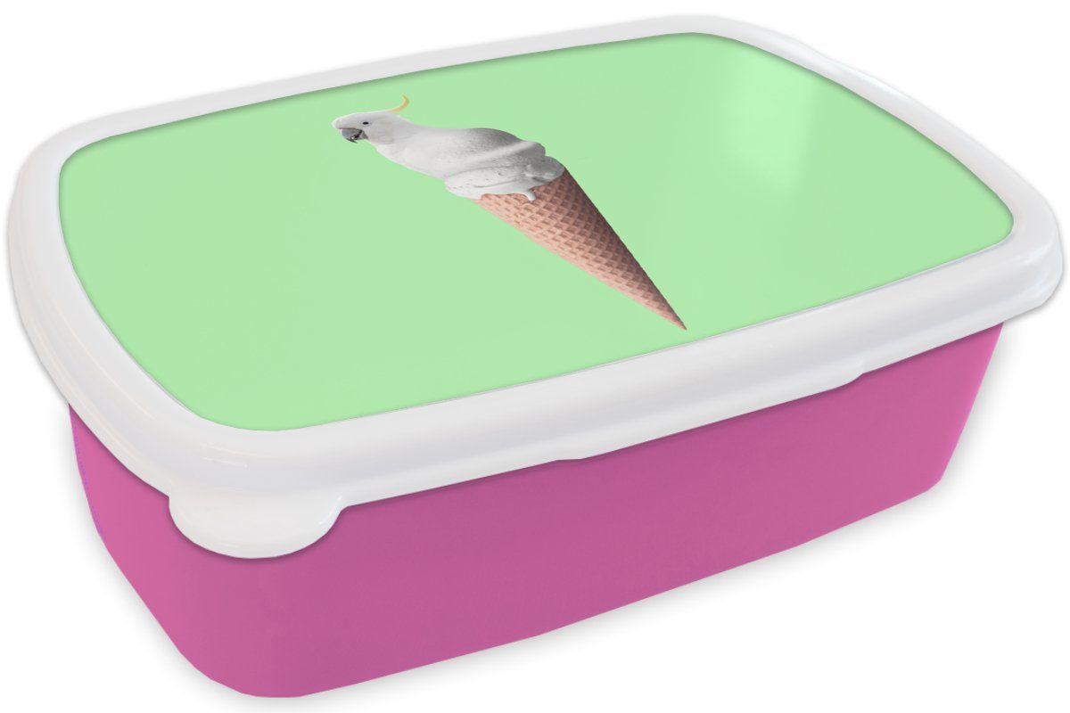 Brotdose Erwachsene, Papagei Mädchen, rosa - Lunchbox - (2-tlg), Brotbox Kunststoff - Snackbox, MuchoWow für Kinder, Eiscreme Weiß Kunststoff, Grün, Eistüten -