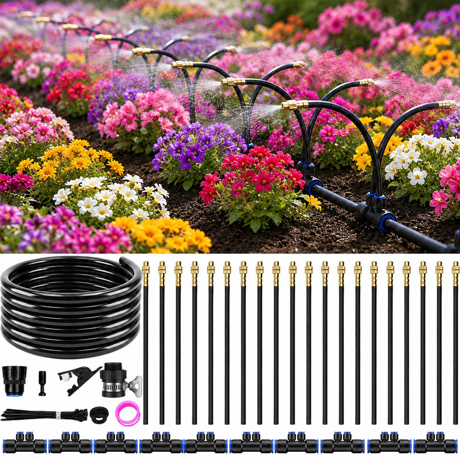 LMaxhome Bewässerungssystem Garten mit automatischer Tropfbewässerung, Mit 360° Kupfer-Sprühdüsen, (1-tlg), Doppelanschluss & 9,5 mm Schlauch für Gewächshaus, Rasen & Pflanzen