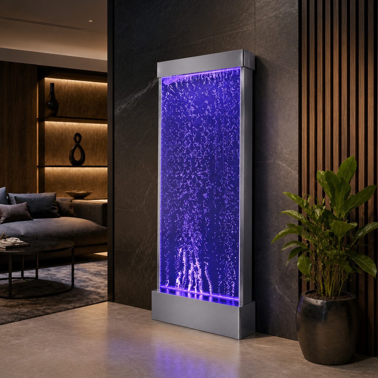 JVmoebel Zimmerbrunnen AquaLux Wasserwand LED Violett Edelstahl Premium Modern Sofort, 50 cm Breite, Wasserbecken BxT: 50x20 cm, (1 tlg), Wasserwand mit RGB LED Farbwechsel und beruhigendem Blaseneffekt