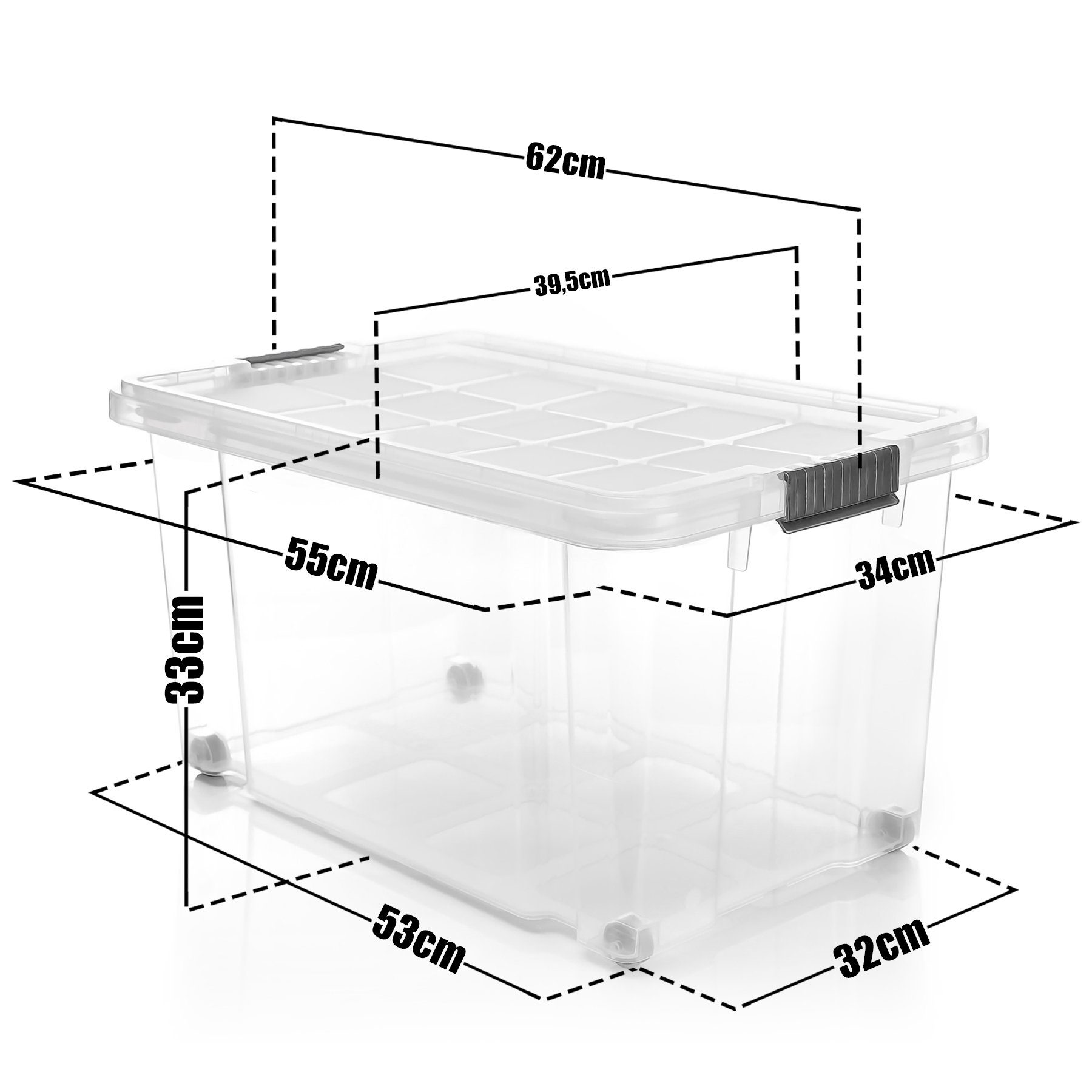BigDean Aufbewahrungsbox 60 L mit Deckel groß – robuste Stapelbox rollbar mit Klickverschlüssen (Set, 2 St., Aufbewahrungsbox + Deckel + Rollen), Sicher Stapelbar, Platzsparend, Transparent, Rollen, Klickverschlüsse