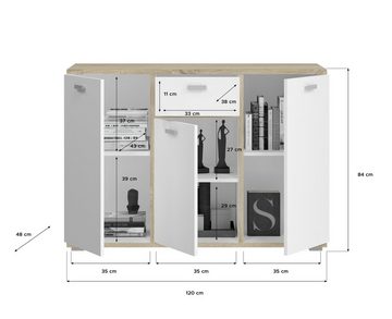 möbelando Sideboard Cosmo (BxHxT: 120x84x48 cm), in weiß/sonoma eiche hell mit 3 Türen und 6 Fächern
