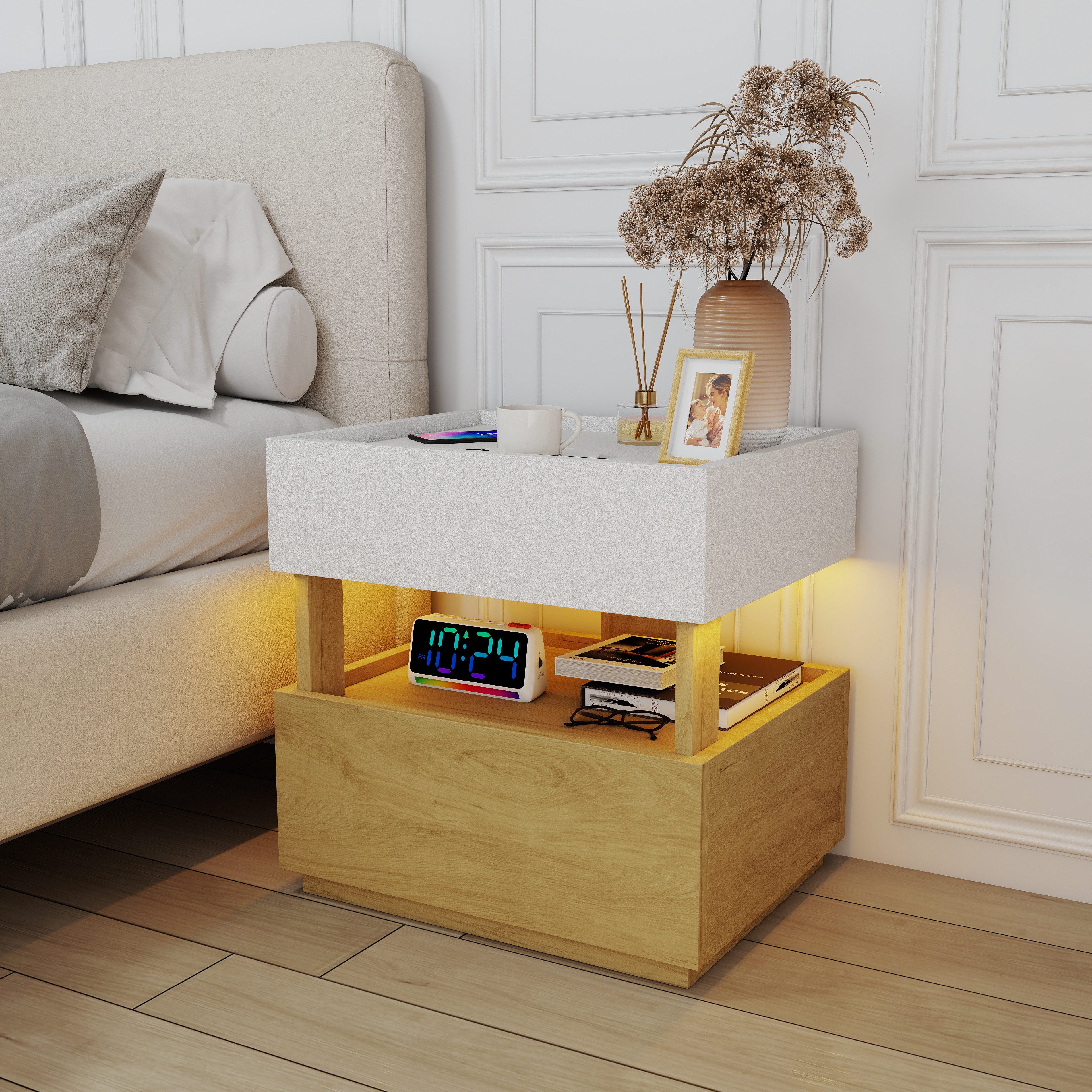 STILVORA Sideboard Nachttisch mit Stimmungsbeleuchtung Beistelltisch im Industrial-Stil (Zweistufiger Nachttisch mit 2 Schubladen, Weiß-Holz, Spanplatte, kompakt, 2 Ebenen, ca.45×35×55cm), für Schlafzimmer, Wohnzimmer oder Homeoffice
