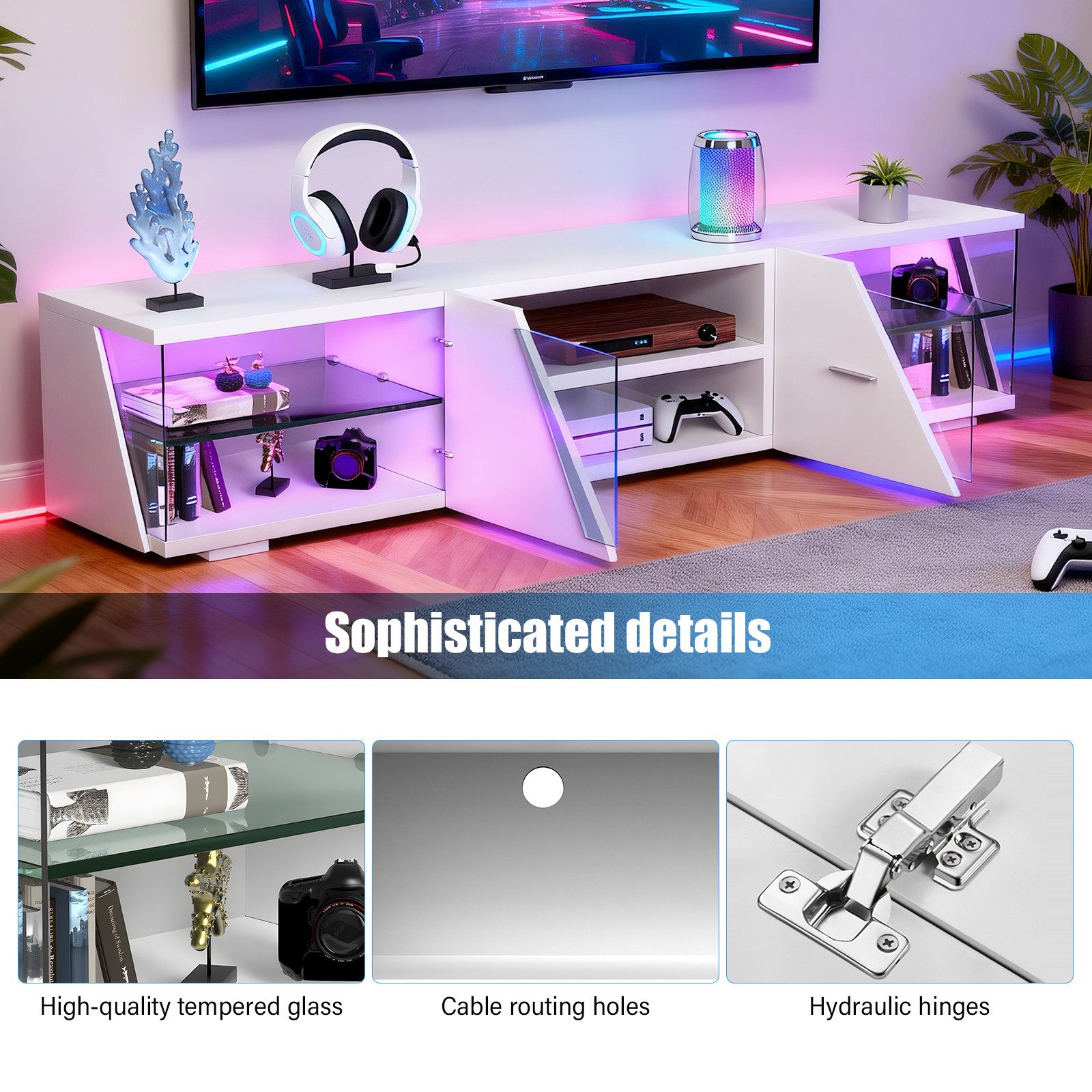 oyajia Lowboard LED TV-Schrank (mit LED-Beleuchtung, stehend Lowboard, 150cm), für Fernseher bis 55 Zoll – Bild 5 von 5