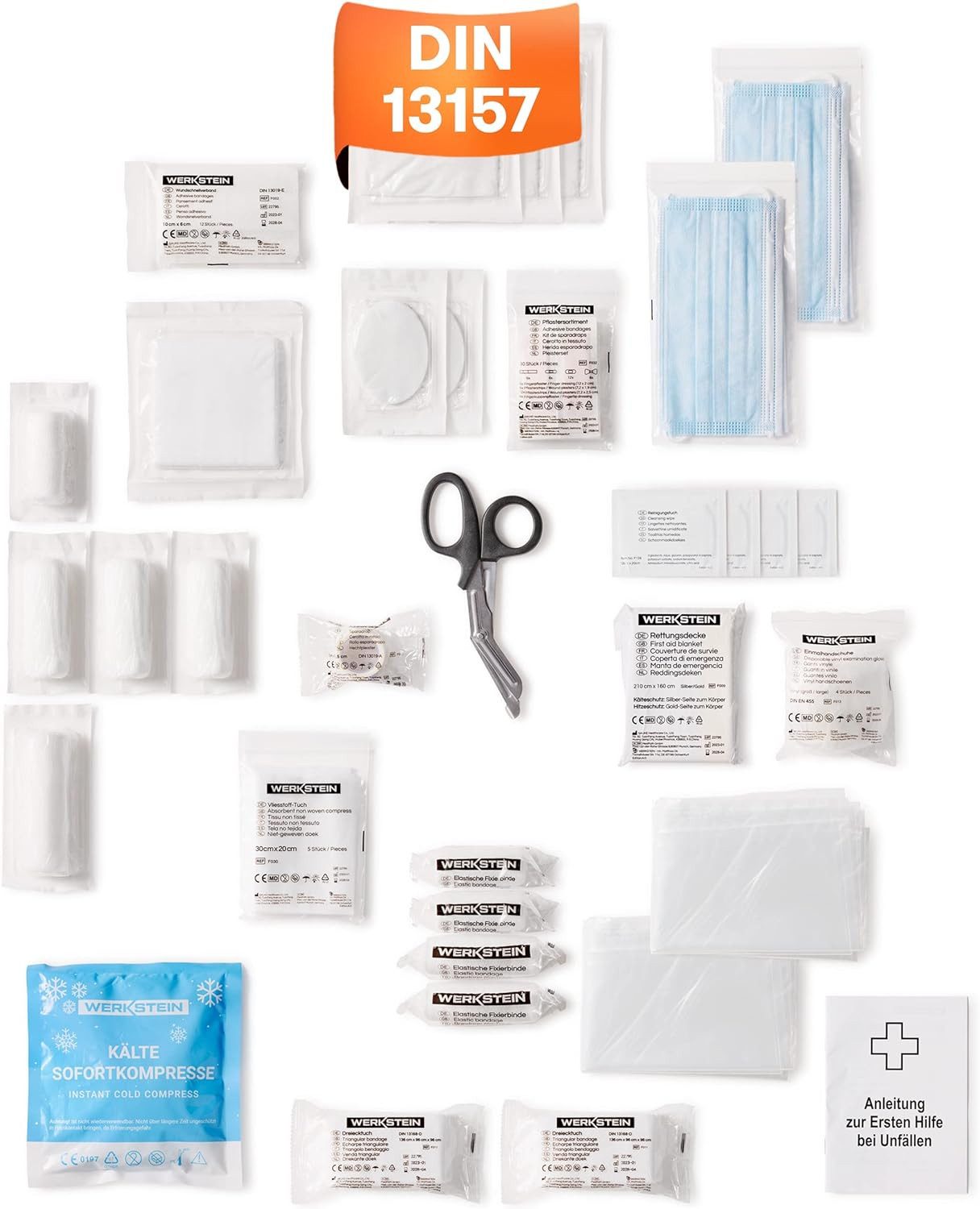 Werkstein Erste-Hilfe-Set Nachfüllset DIN 13157:2021 inkl. Erste Hilfe Anleitung -, (Verbandskasten Nachfüllset DIN 13157 mit praktischen Innentaschen, 84 St), - DIN 13157 Nachfüllset für Betriebe - Verbandsmaterial Set