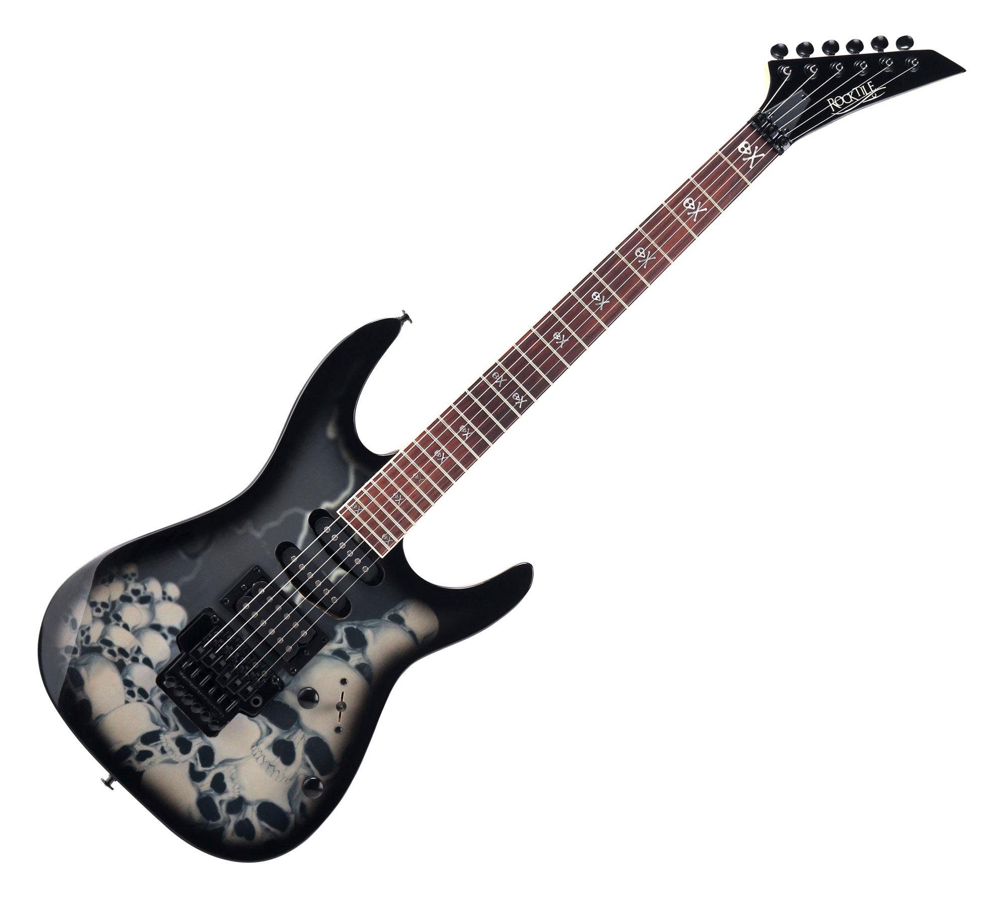 Rocktile E-Gitarre Pro JK150-BSK elektrische Gitarre mit "Skull"-Design, FR-Style Tremolo, 1 Humbucker/2 Single Coil Tonabnehmer