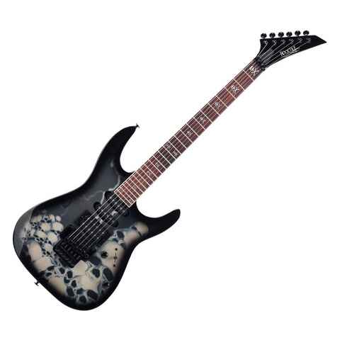 Rocktile E-Gitarre Pro JK150-BSK elektrische Gitarre mit "Skull"-Design, FR-Style Tremolo, 1 Humbucker/2 Single Coil Tonabnehmer