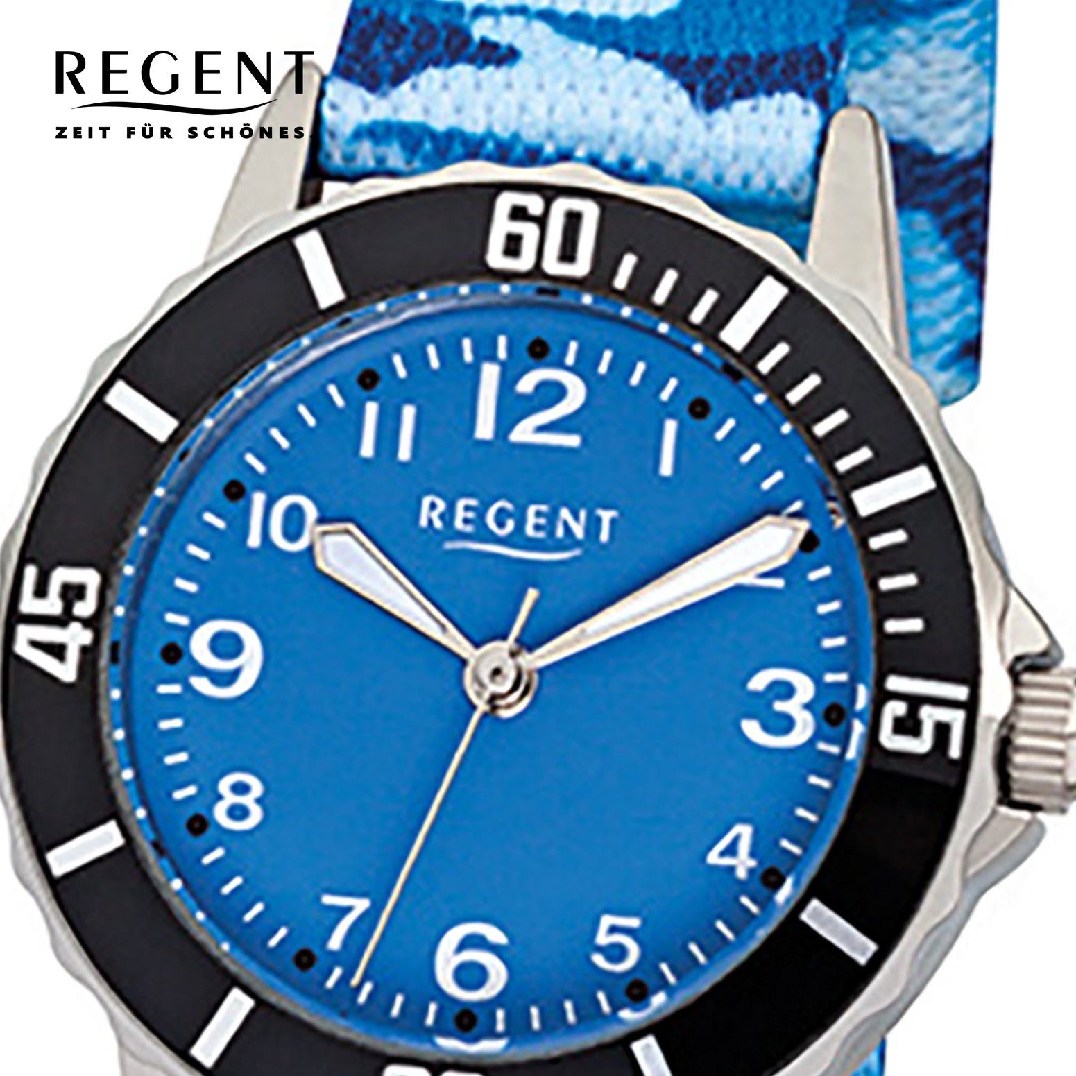 Regent Quarzuhr rund, Kinder-Armbanduhr (ca. 29mm), Textil, Regent Armbanduhr Stoffarmband Kinder F-940, klein Analog blau