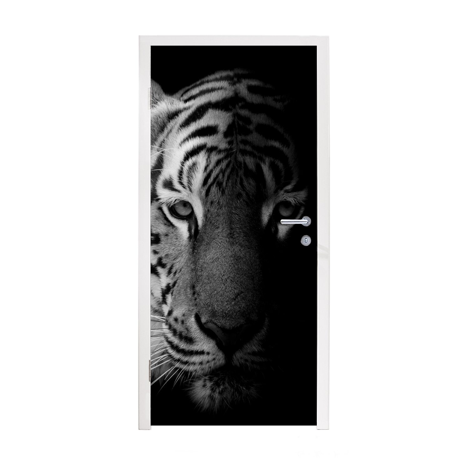 MuchoWow Türtapete Tiger - Tiere - Wild - Schwarz - Weiß, Matt, bedruckt, (1 St), Fototapete für Tür, Türaufkleber, 75x205 cm