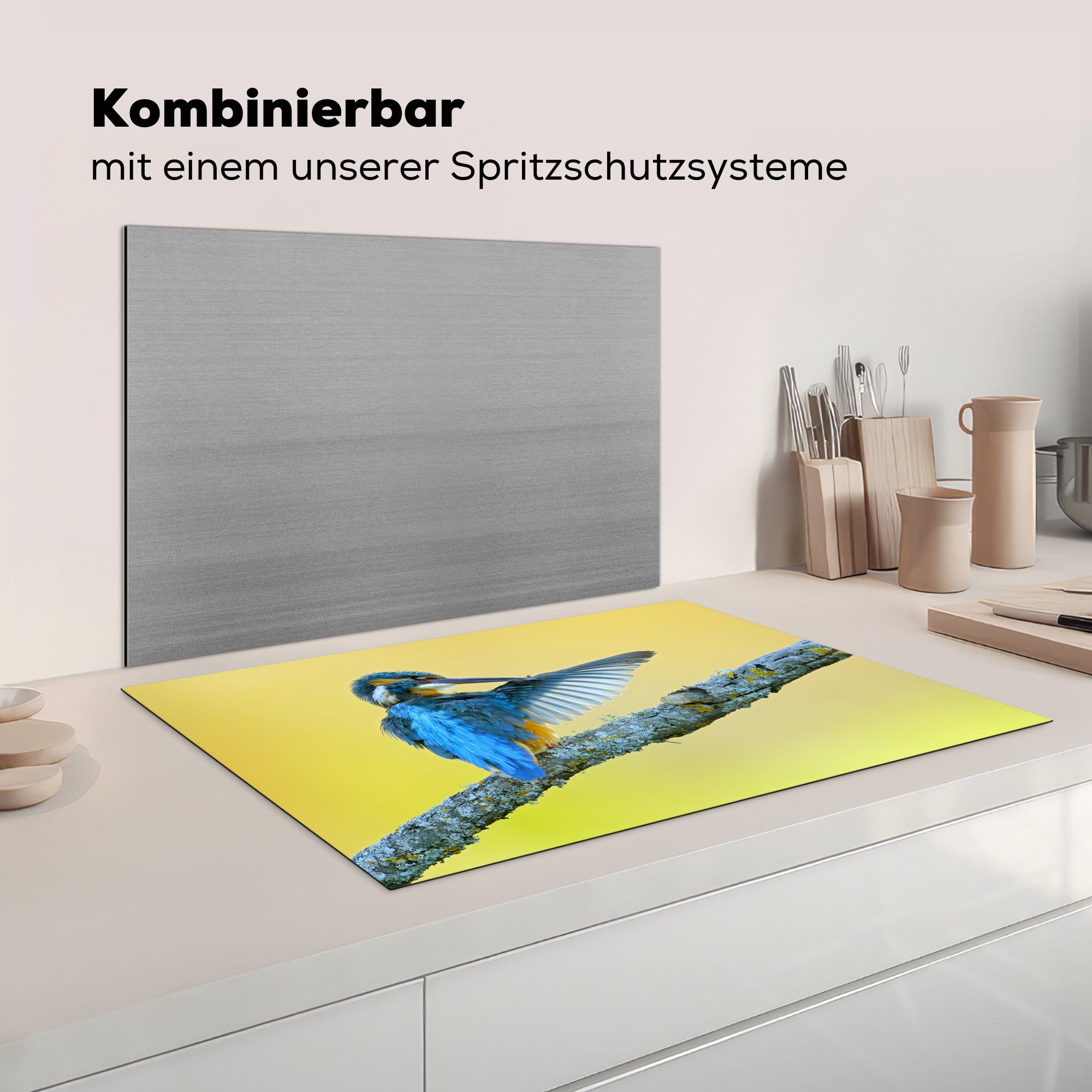 die tlg), Induktionskochfeld für cm, Schutz Ceranfeldabdeckung Zweig - - Eisvogel (1 81x52 Vinyl, küche, Blau, MuchoWow Herdblende-/Abdeckplatte