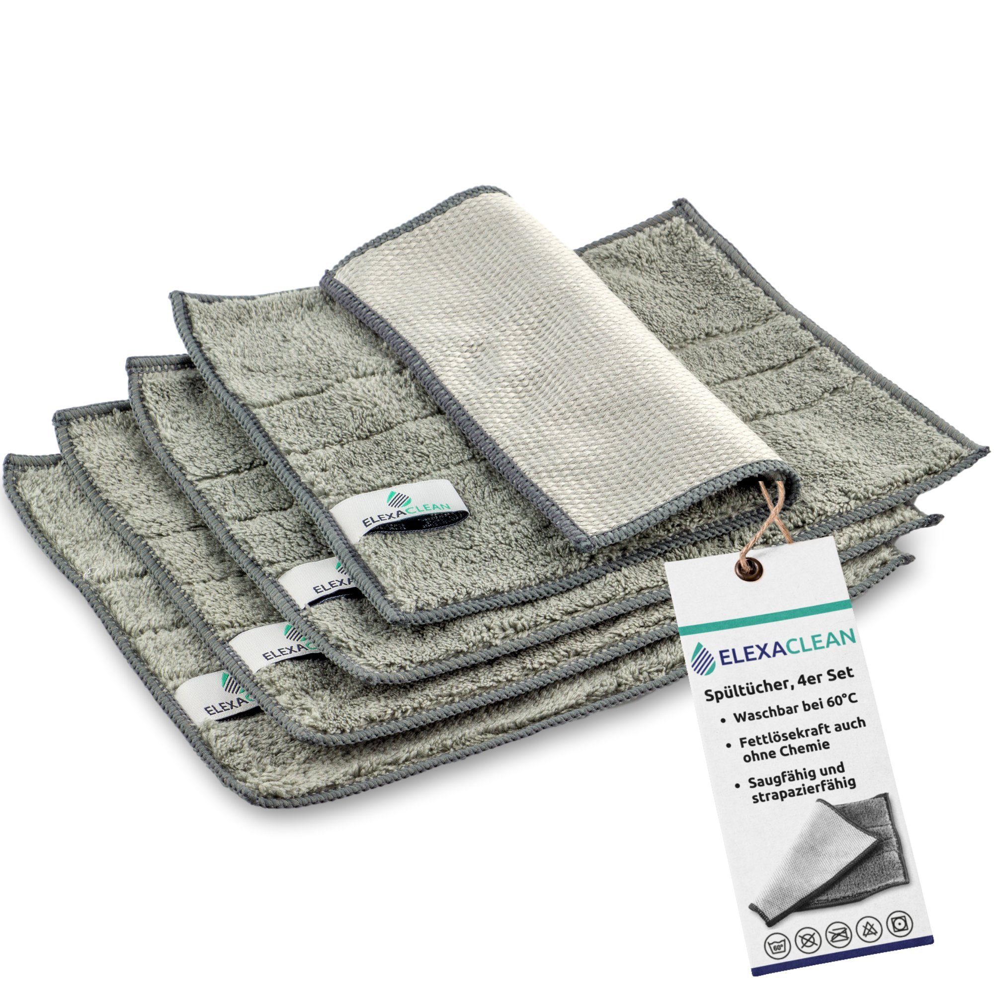 ELEXACLEAN Spültuch Spüllappen, Mikrofaser waschbar, (Set, 4-tlg., 24x20 cm), fusselfrei, für Küche, Geschirr, Haushalt