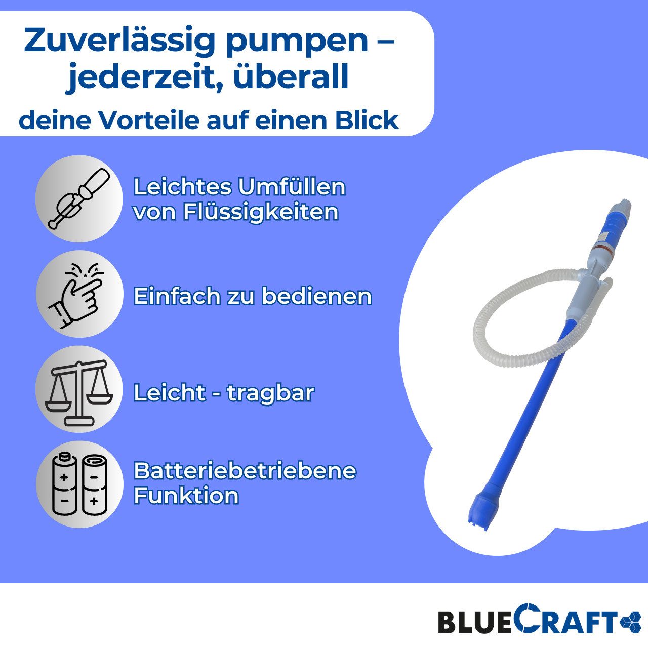 BlueCraft Elektropumpe Umfüllpumpe Fasspumpe Kanisterpumpe Handpumpe, Notpumpe mit Schlauch Brennstoffpumpe