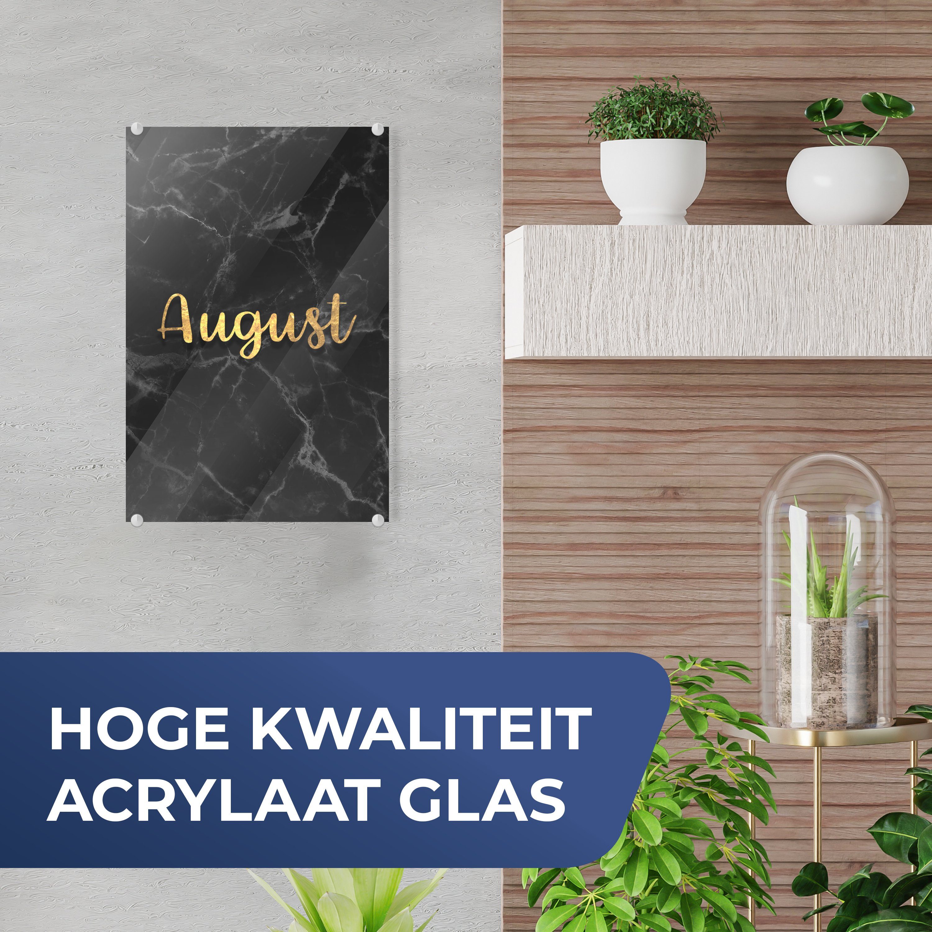 Gold Wandbild Glas Foto Kalender - Glasbilder Wanddekoration - - Marmor, - auf Bilder Glas August auf (1 St), - MuchoWow Acrylglasbild -