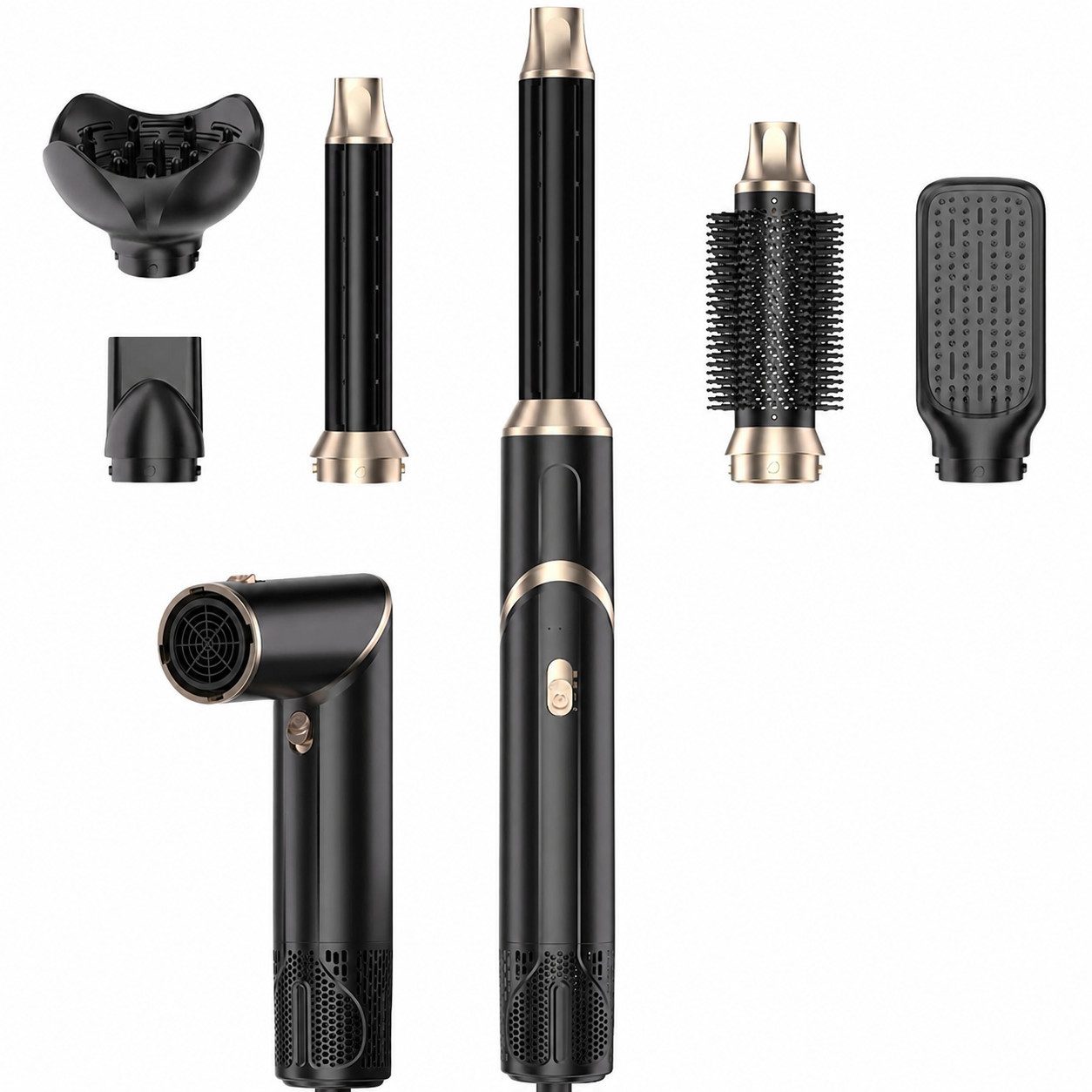 UKLISS Multihaarstyler 6-in-1 Air Styler 1000 W, Heißluftbürste mit Negativ-Ionen-Technologie, Multigerät mit wechselbaren Aufsätzen zum Trocknen, Glätten und Locken