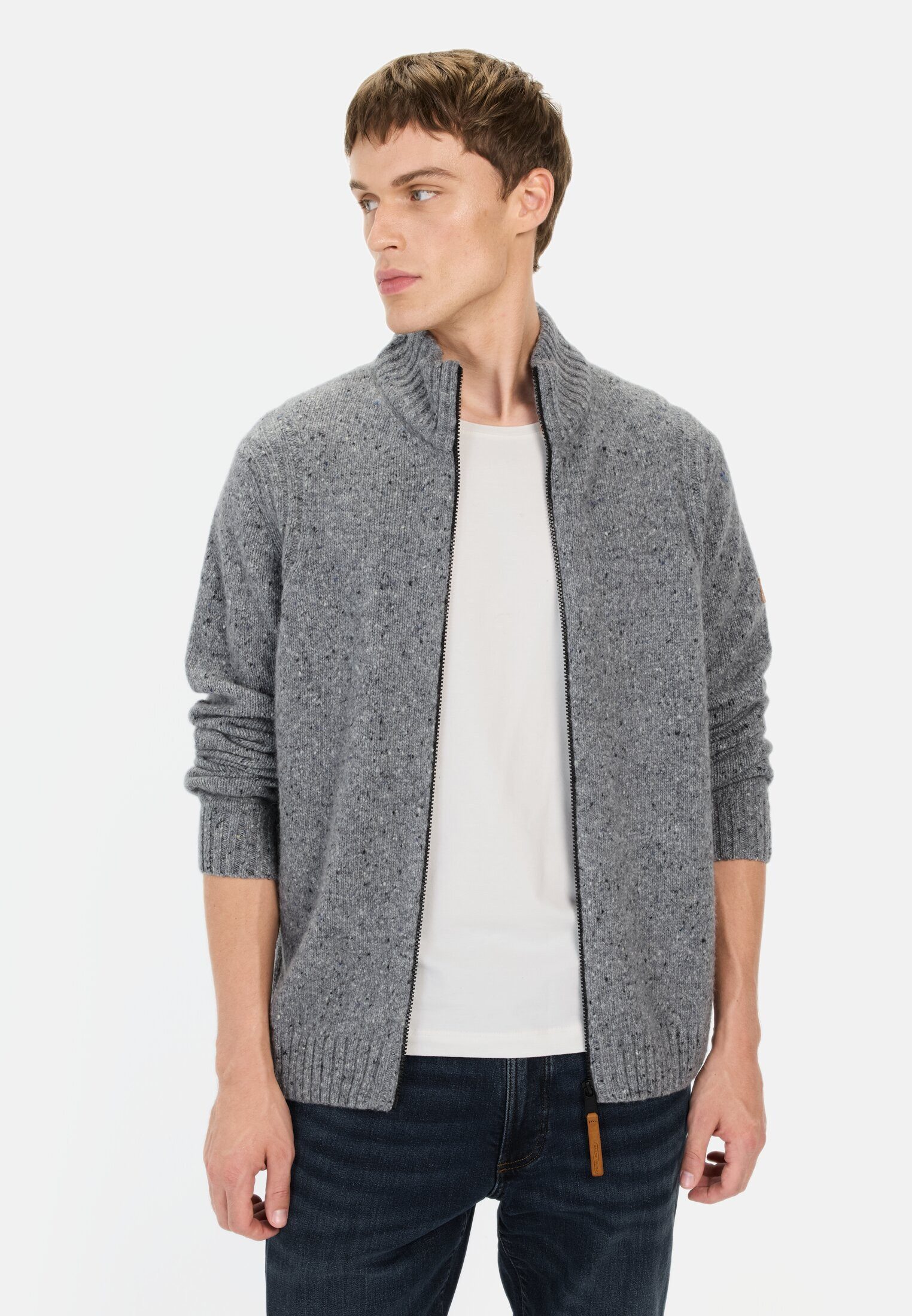 camel active Strickjacke Strickjacke aus nachhaltiger Merinowolle Langarm Stehkragen