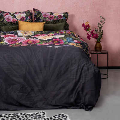 Bettwäsche Mako Satin 135x200 Blumen schwarz, MELLI MELLO, Baumolle, 2 teilig, Bettbezug Kopfkissenbezug Set kuschelig weich hochwertig