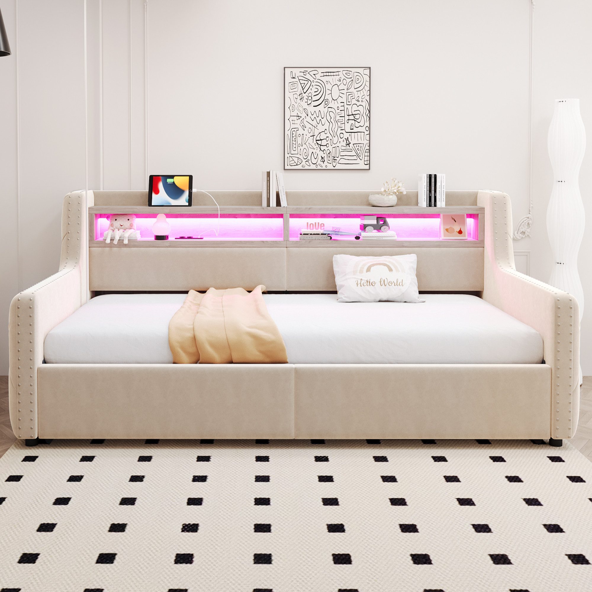 MODFU Schlafsofa Hydraulischer Stauraum, LED-Licht,Ladeanschluss und dicker günstig online kaufen