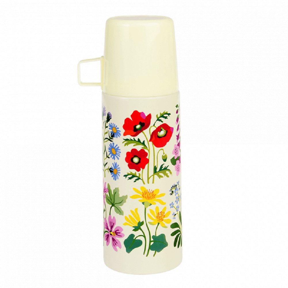 Rex London Isolierflasche Wild Flowers mit Kunststoff Becher, Edelstahl Thermoskanne, für 350 ml, Auslaufsicher - Druckknopf-Verschluss