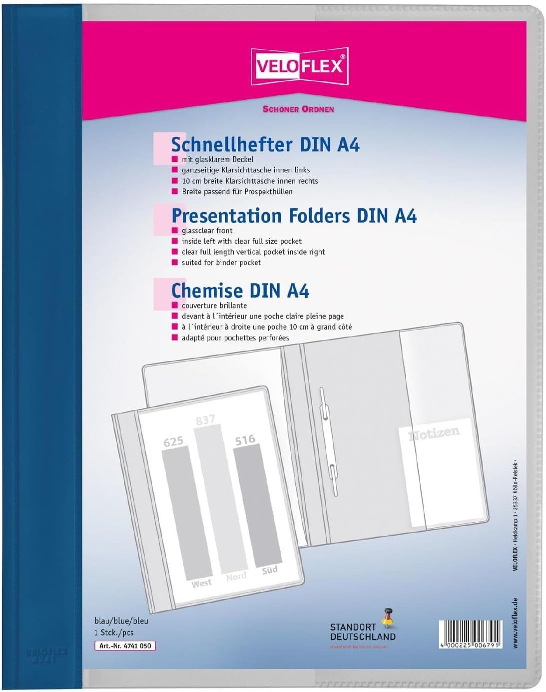 VELOFLEX Hefter VELOFLEX Schnellhefter VELOFORM® Kunststoff, mit klarer Eistecktasche links und rechts