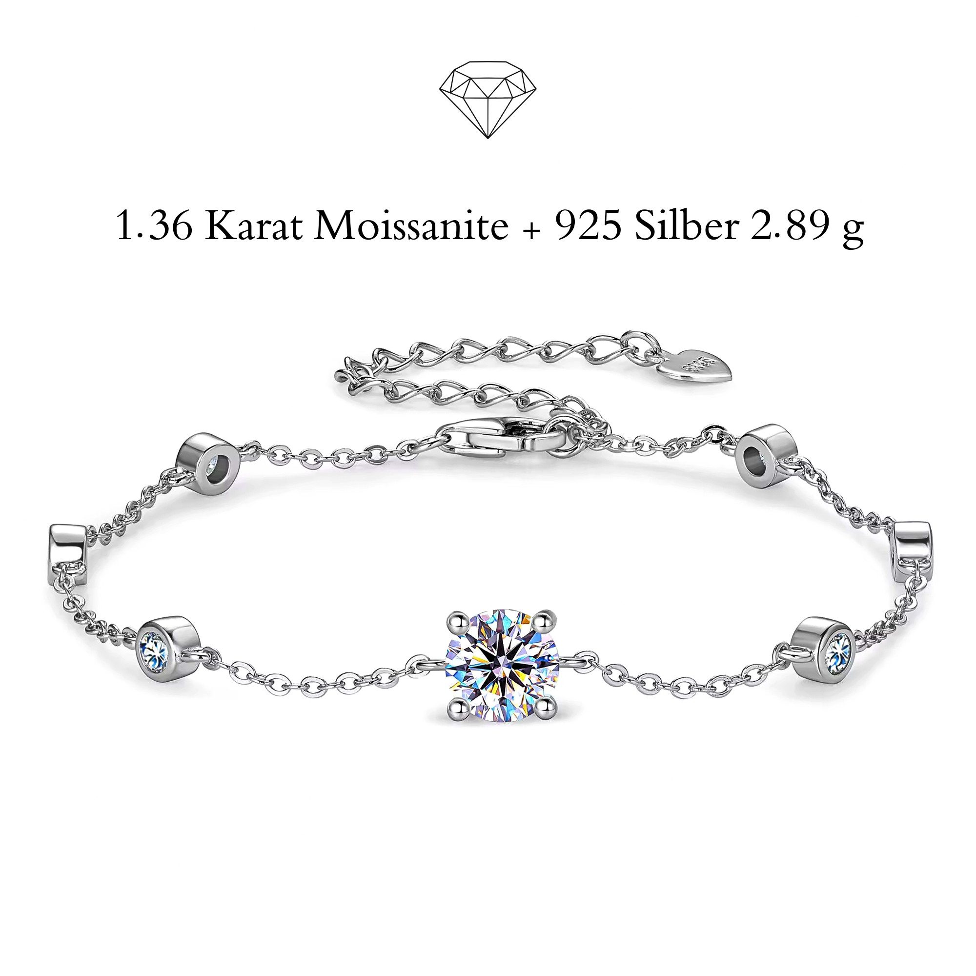 UNIQAL.de Silberarmband Damen 925 Sterling Silber mit Diamant Moissanit 1,36 Karat – SOLITAIRE (Silberarmband mit 7 Moissanit-Steinen in klassischer Diamantoptik (zentraler Solitär 6,5 mm und 6 Begleitsteine), 925 Sterling Silber Weißgold plattiert, inkl. Luxuriöse Schmuck Geschenkbox), Moissanit VVS1 Reinheit, GRA-Zertifikat, Armkette Geschenk für Damen