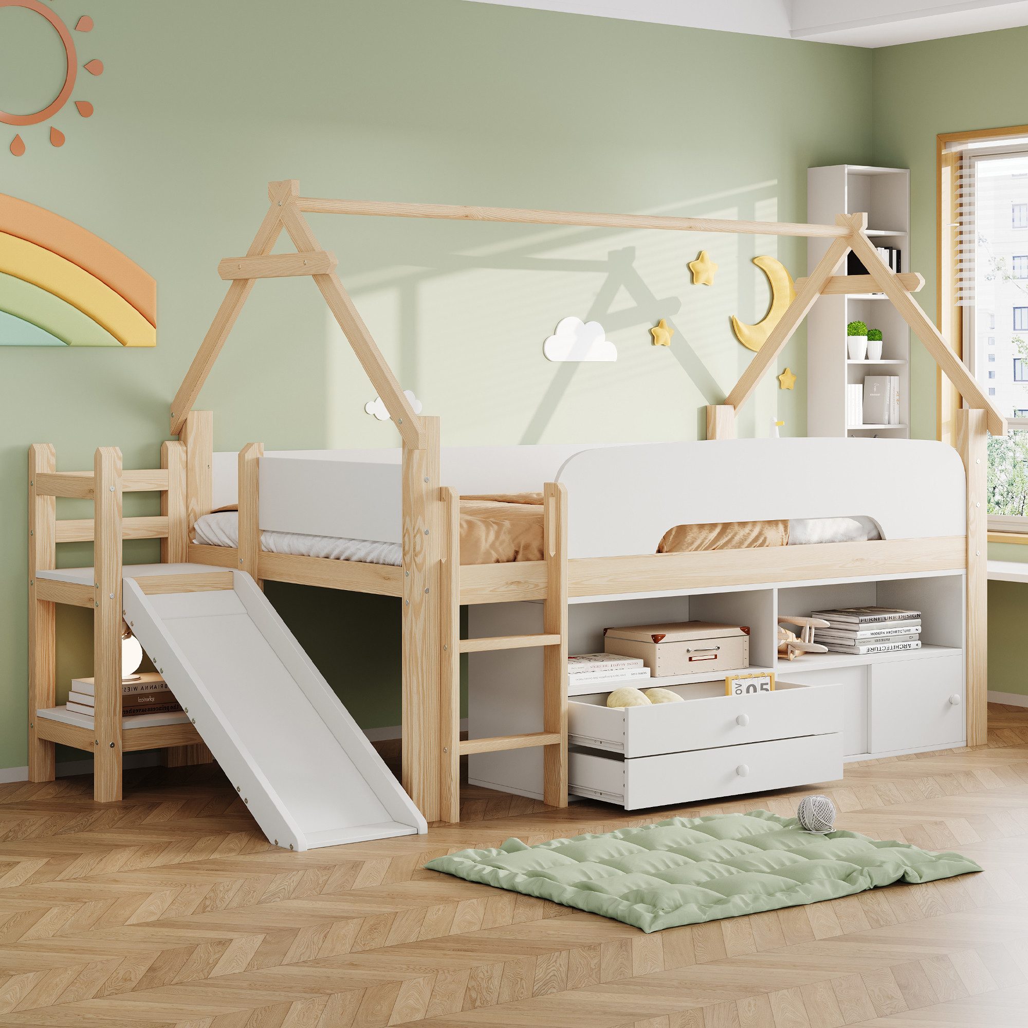 Flieks Kinderbett, Hausbett Hochbett Einzelbett 90x200cm mit Rutsche und vielem Stauraum