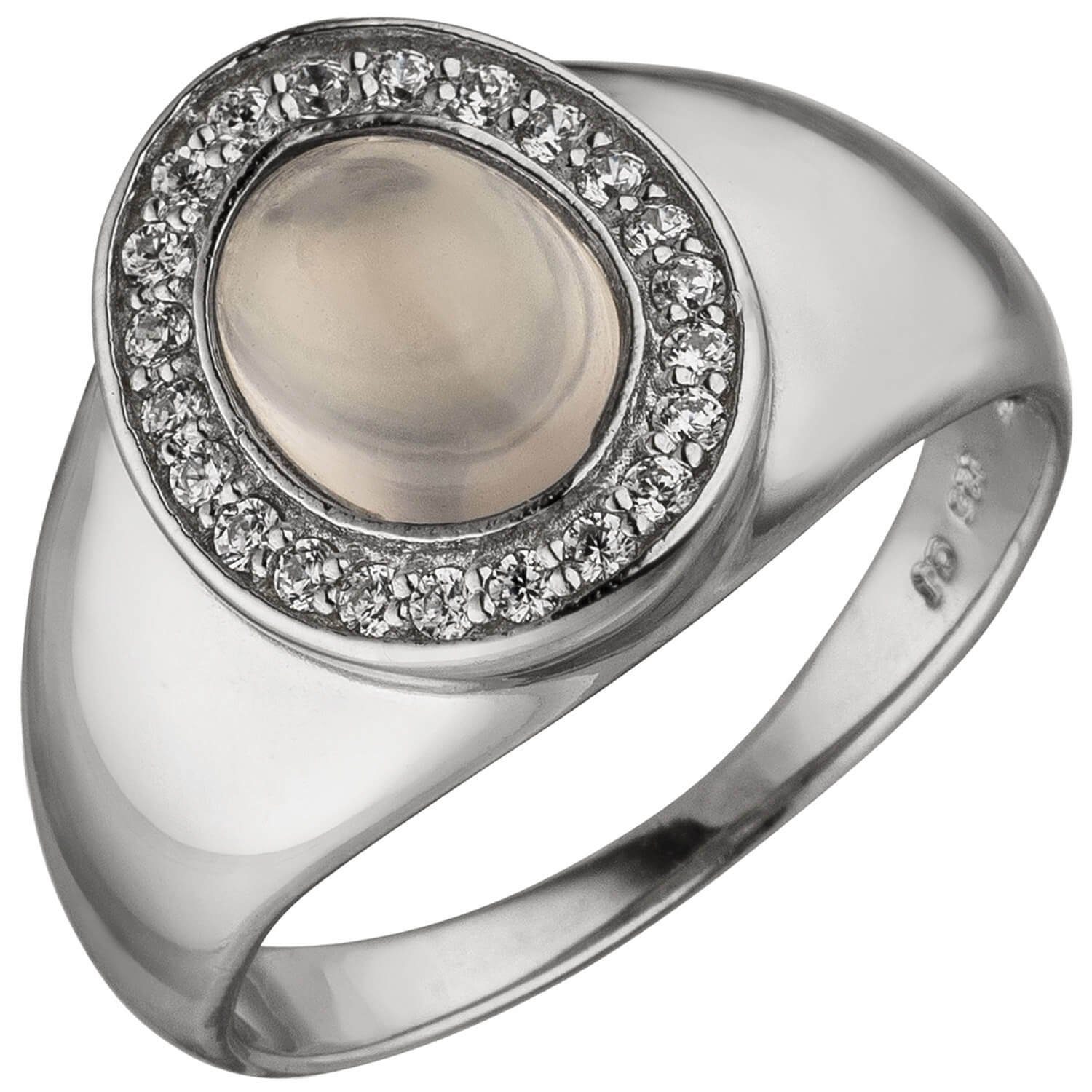 Schmuck Krone Silberring Ring mit Rosenquarz oval & 22 Zirkonia B 12,4mm 925 Silber rhodiniert Fingerring, Silber 925