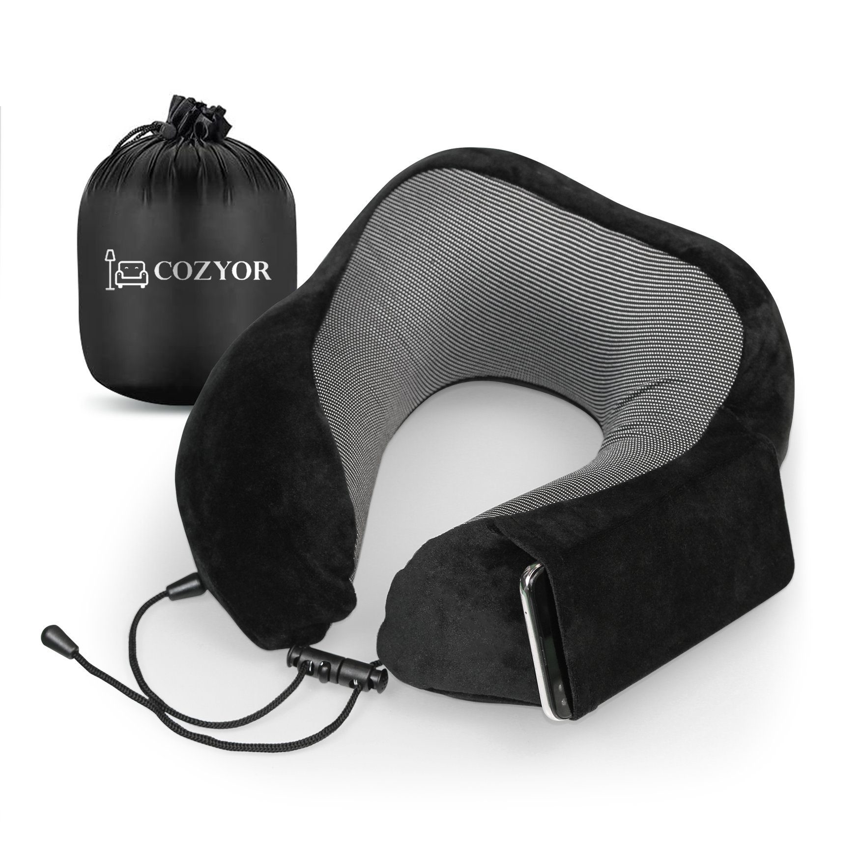 Cozyor Nackenstützkissen Memory Nackenkissen mit verstellbarem Verschluss + praktischer Tasche, Füllung: Memory Schaum Gedächtnisschaum, Bezug: waschbarer Bezug, Set, Nackenhörnchen zum Reisen, klein & kompakt, schwarz Eclipse Serie, auch im Reise-Set mit Reisedecke & Augenmaske erhältlich