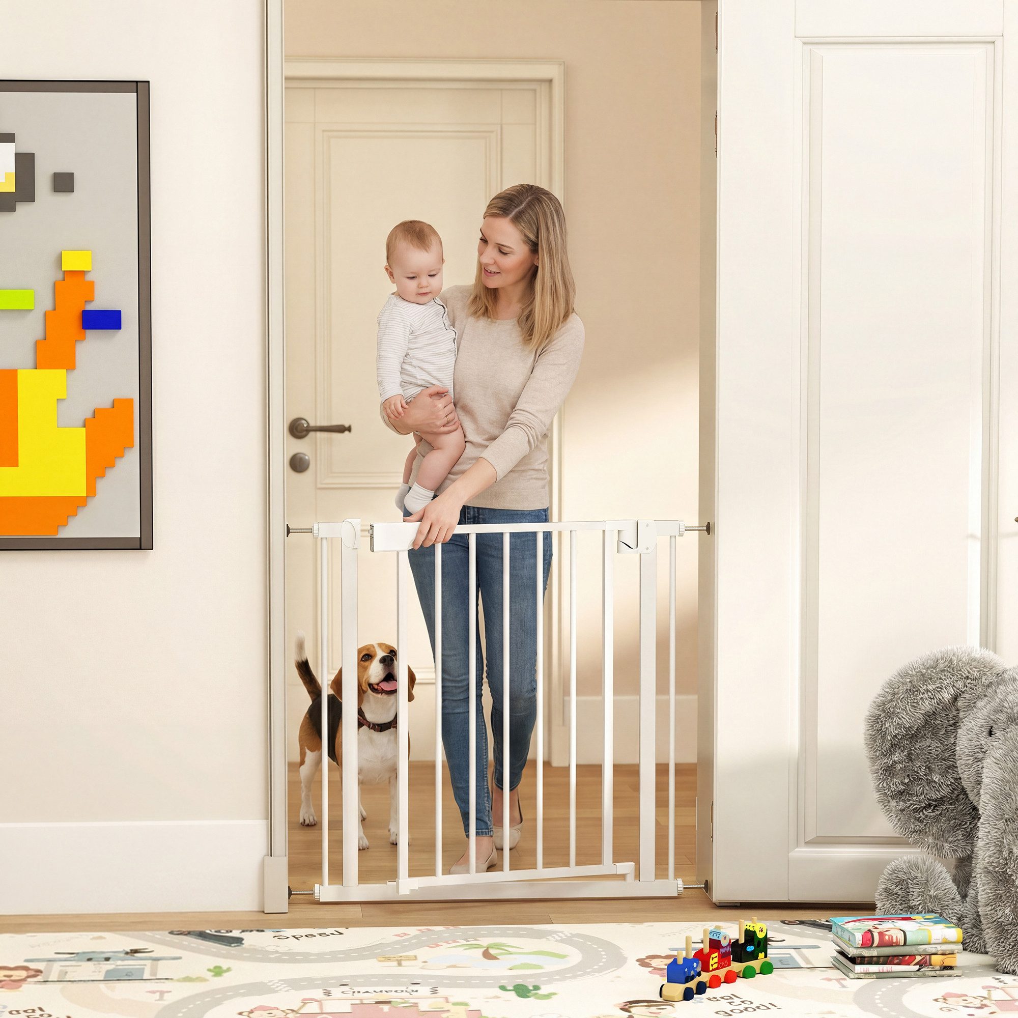 PawHut Hundegitter Türschutzgitter,automatische Schließung,beidseitigeEinhandÖffnung (Absperrgitter Hund, 1 St., Treppenschutzgitter ohne Bohren), 76-81 x 76 cm für Kinder Küche Treppe Weiß