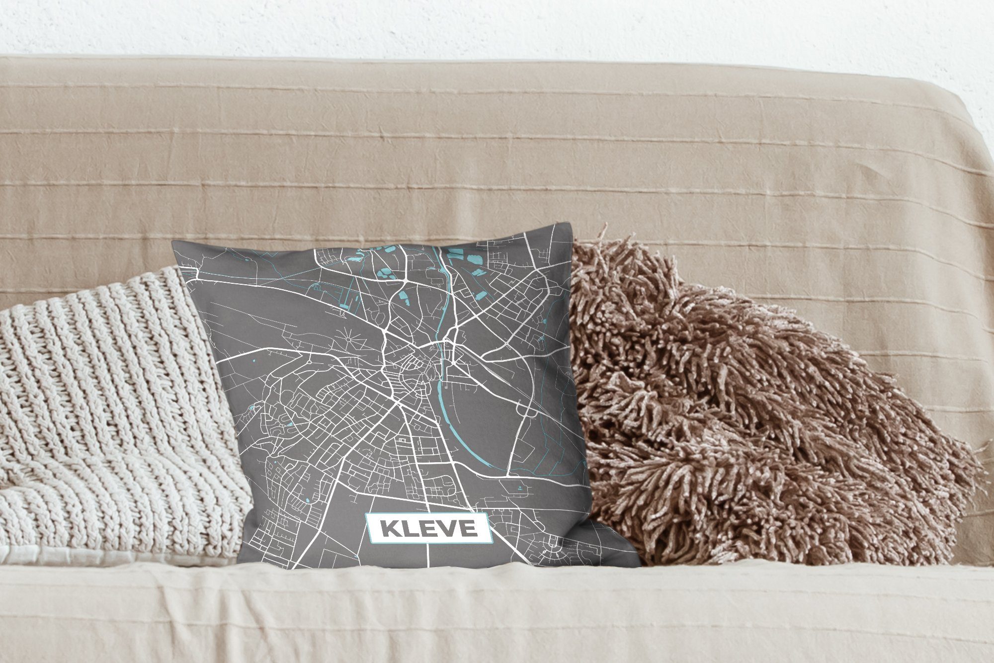 Sofakissen Wohzimmer, Deko, Zierkissen Schlafzimmer, Karte Dekokissen Füllung Blau - für Kleve - - mit - Stadtplan Deutschland, MuchoWow