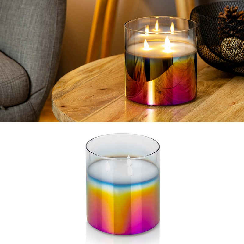 Online-Fuchs LED-Kerze im Glas mit 3 beweglichen Flammen, aus Echtwachs (inkl. 6-Stunden-Timer, Glas schimmert in Regenbogen-Farben), Maße: 15 x 15 cm