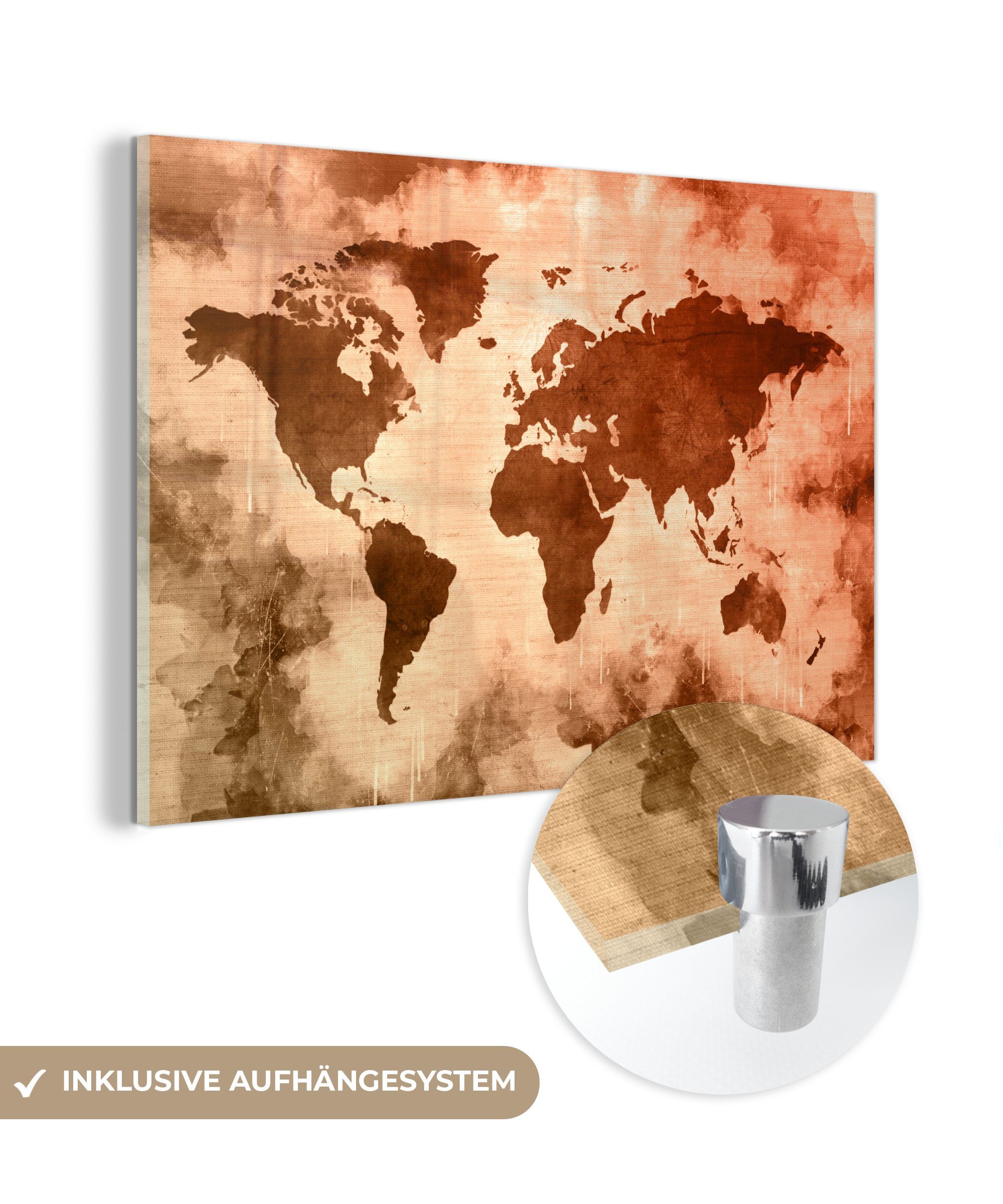 MuchoWow Acrylglasbild Weltkarte - Rot - Braun, (1 St), Glasbilder - Bilder auf Glas Wandbild - Foto auf Glas - Wanddekoration