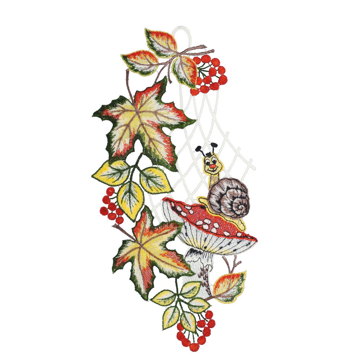 W. Reuter & Sohn - Plauener Spitze® Fensterdekoration Fensterbild "Schnecke mit Fliegenpilz" 15 x 30 cm, Plauener Spitze