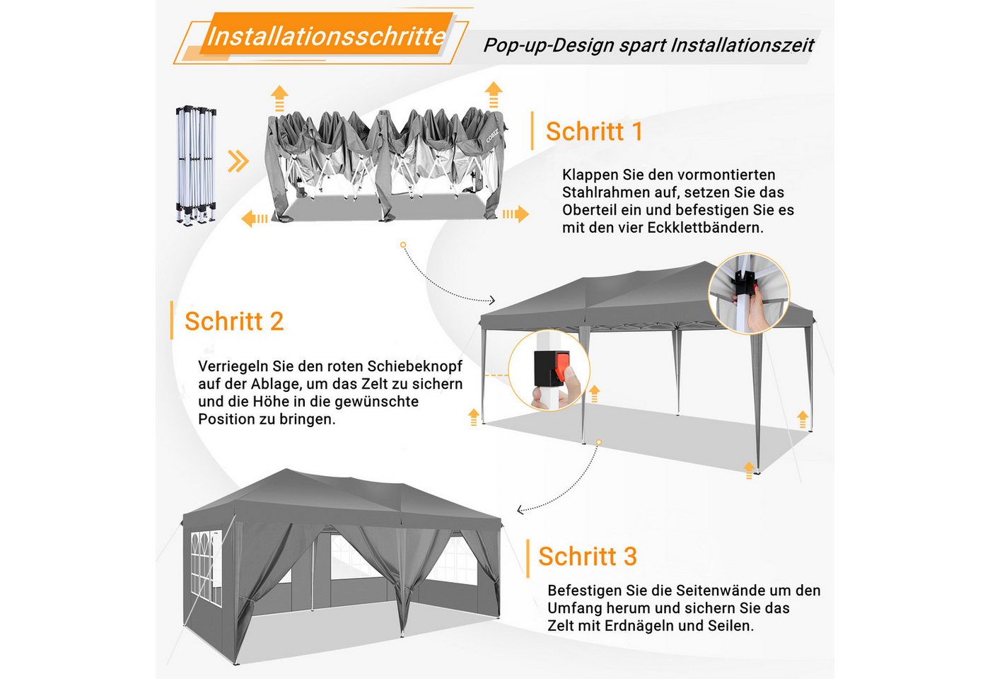 Thumbnail - LUCKZON Pavillon 3x6m, Faltbar Pavillon Wasserdicht, UV-Schutz, Festzelt Gartenzelt, mit 4 Seitenteilen, mit 6 Seitentei...