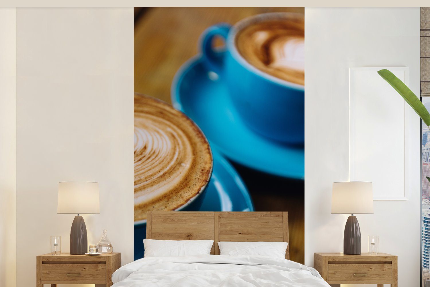 MuchoWow Fototapete Zwei blaue Kaffeetassen auf einem Holztisch, Matt, bedruckt, (2 St), Vliestapete für Wohnzimmer Schlafzimmer Küche, Fototapete